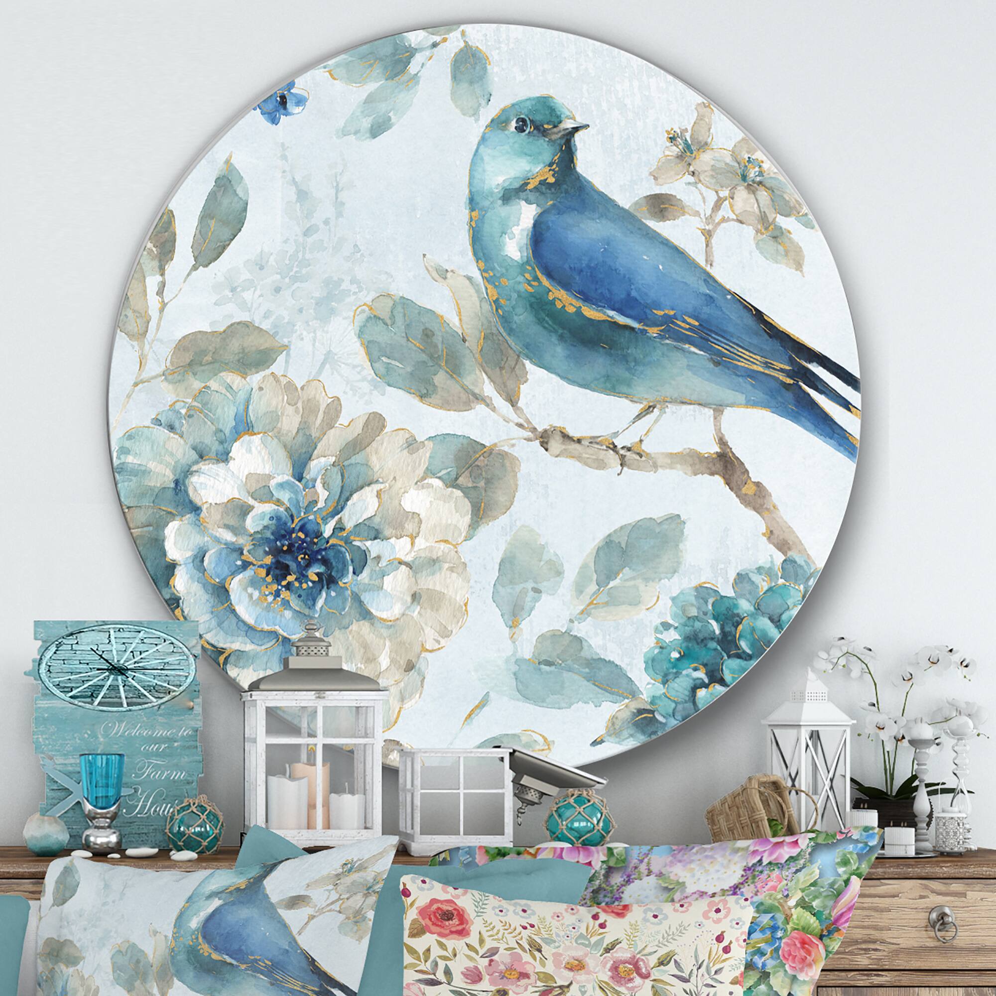Designart - Indigold Watercolor Lovely bird II - Farmhouse Metal Circle Wall Art