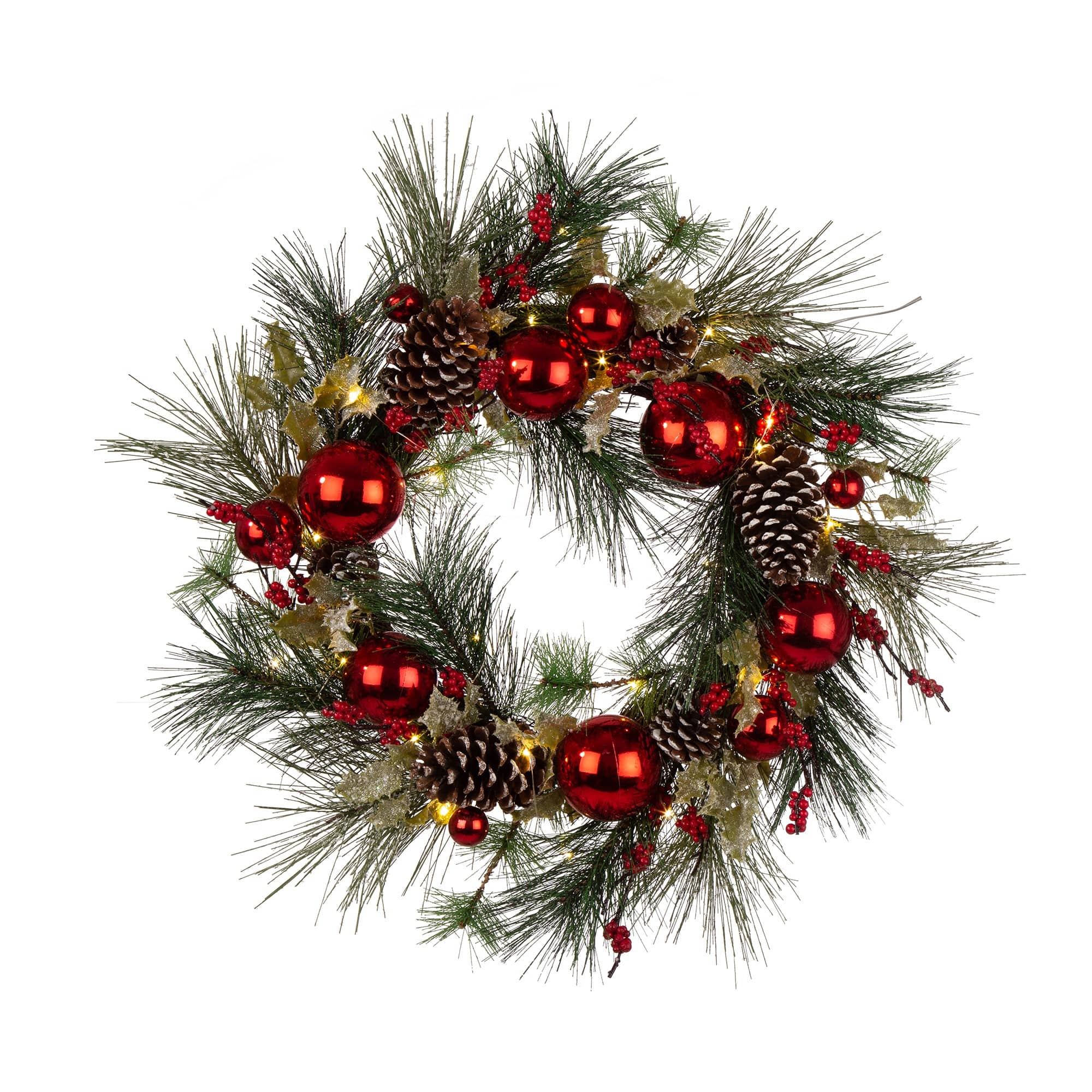 Glitzhome® 24" Pre-Lit Berry, Holly, Pinecone & Red Ornament LED Wreath