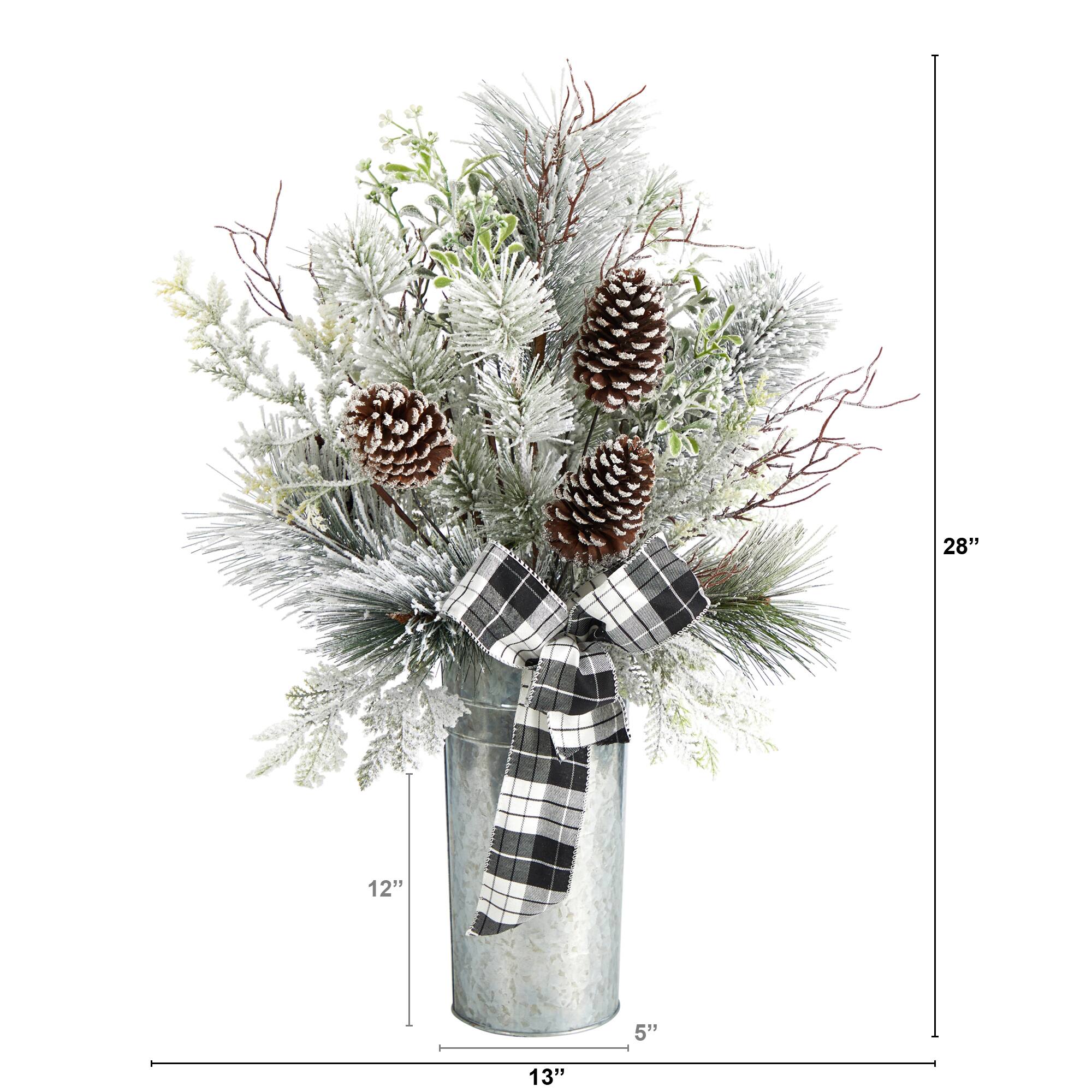 2.5ft. Frosted Greenery &#x26; Pinecone with Plaid Bow in Decorative Tin Artificial Christmas Arrangement
