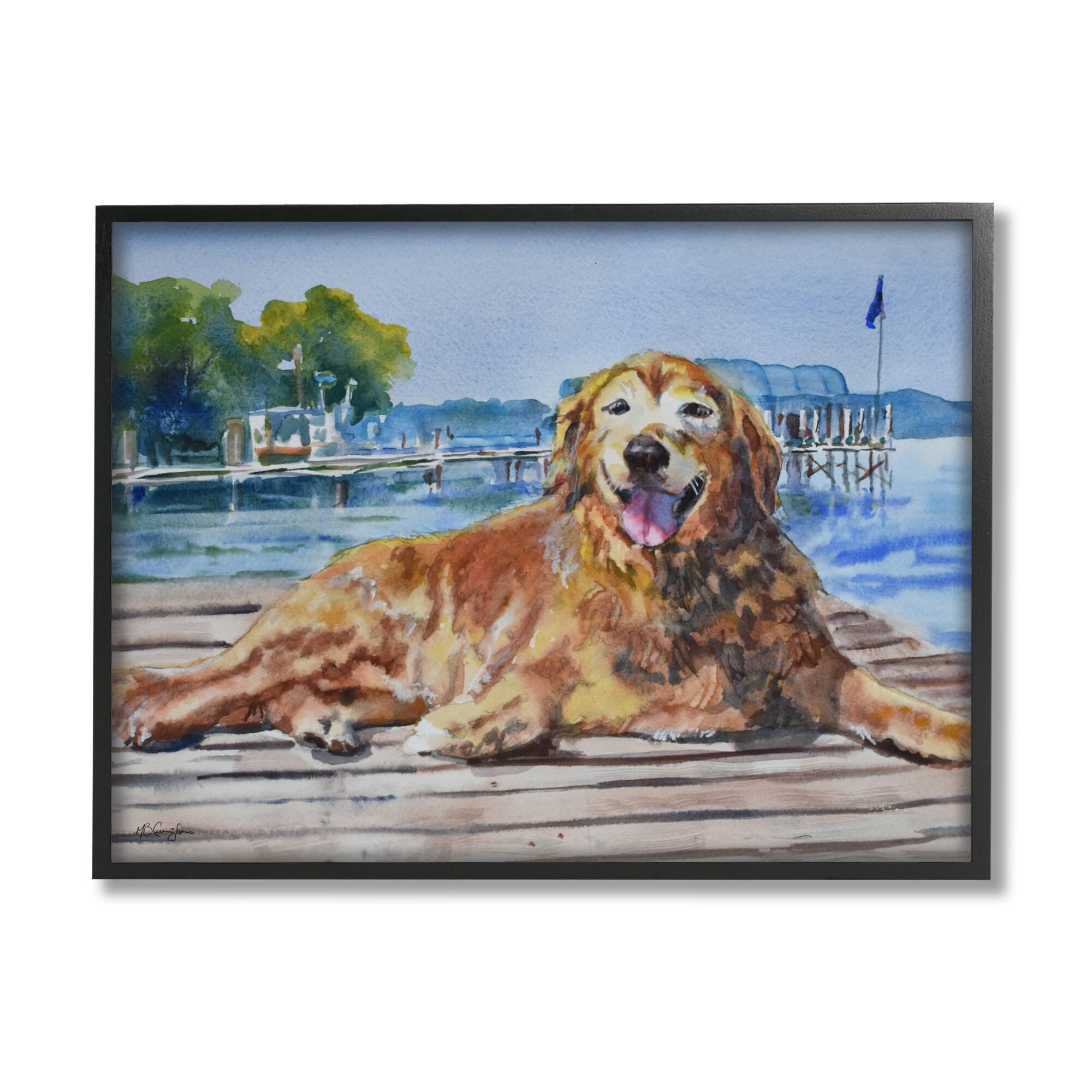 Stupell Industries Coastal Golden Retriever Relaxing Dock Framed Giclee Art
