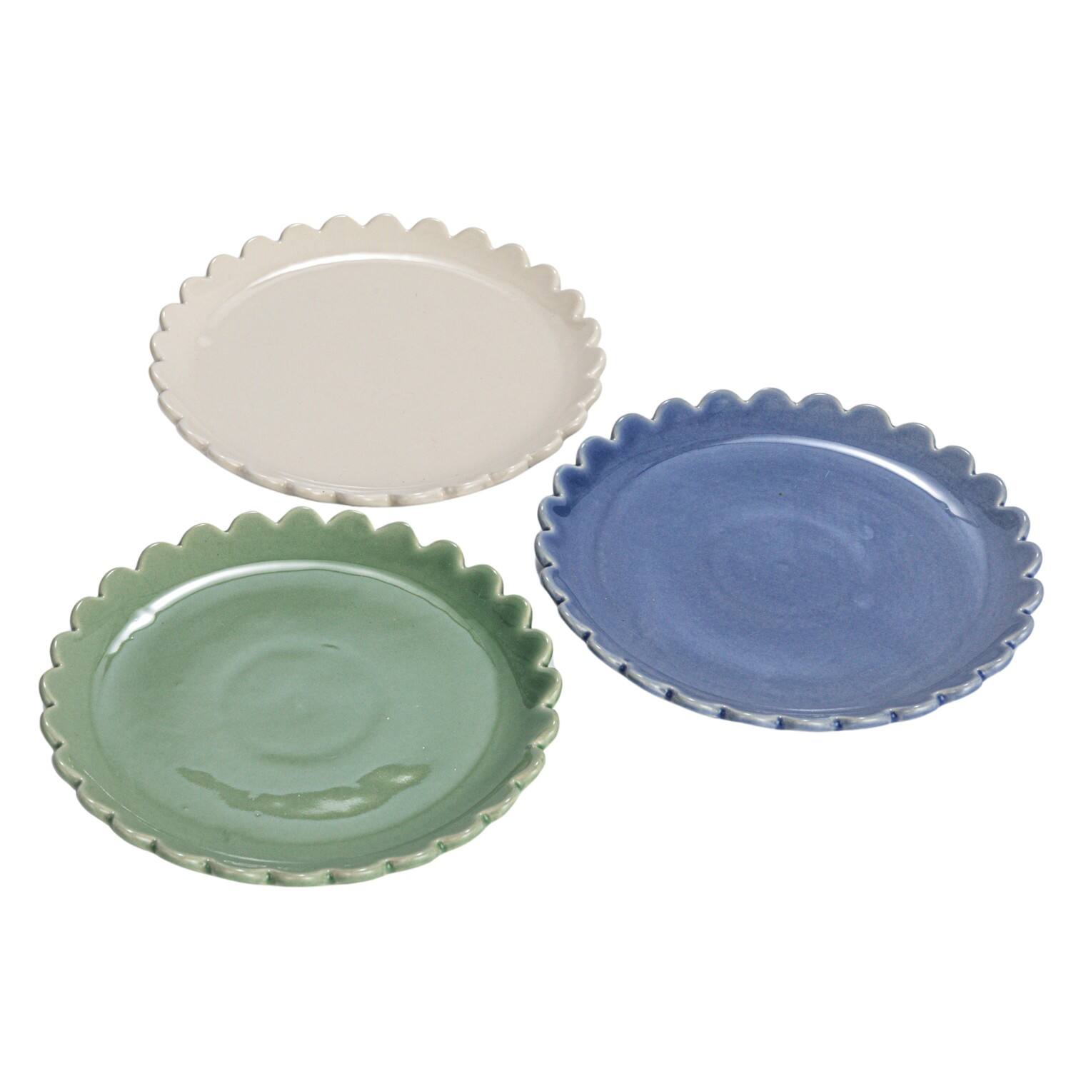 8&#x22; Blue, Green &#x26; Cream Round Stoneware Plate with Scalloped Edge Set