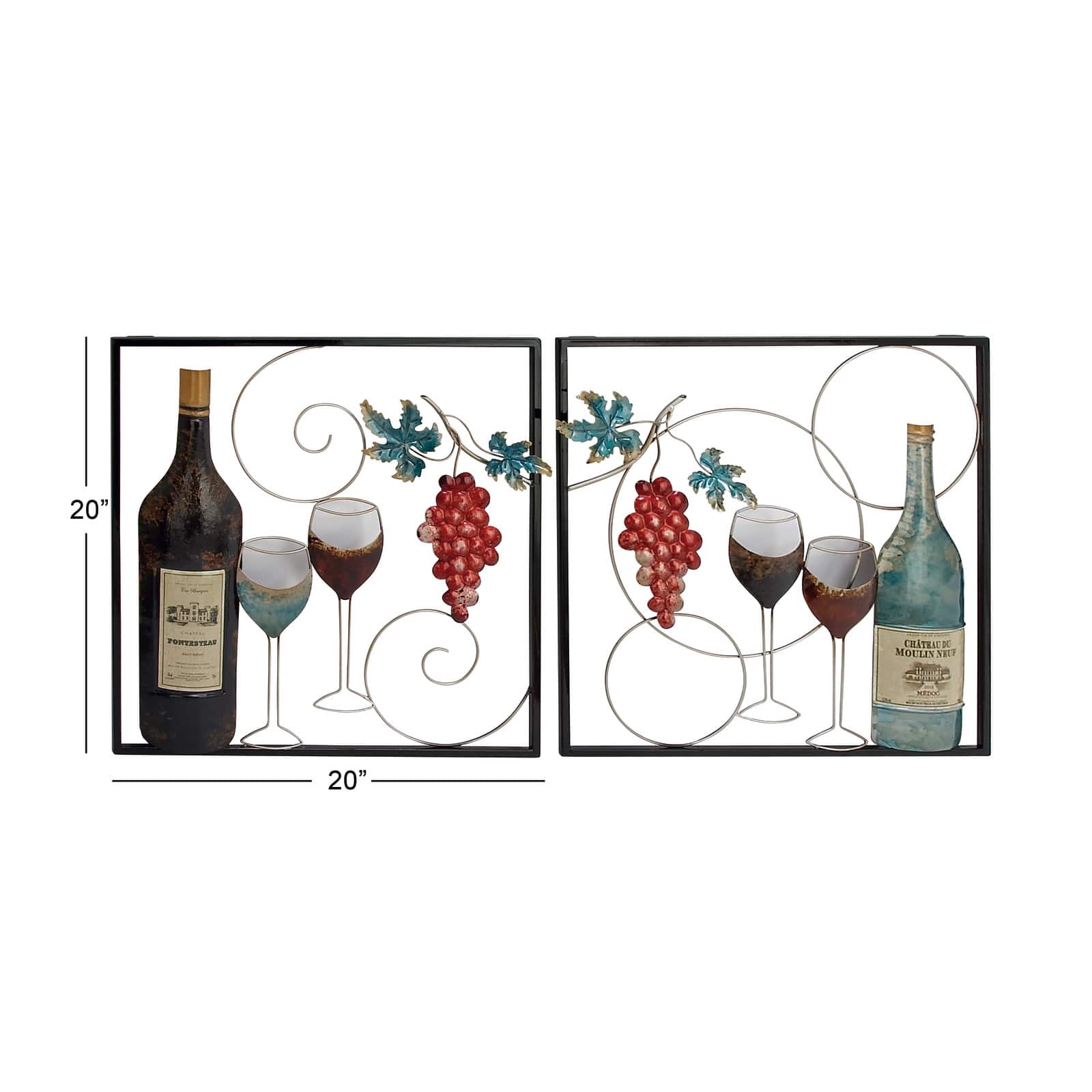 Set of 2 Multi Colored Metal Traditional Wine Wall Decor, 20&#x22; x 20&#x22;