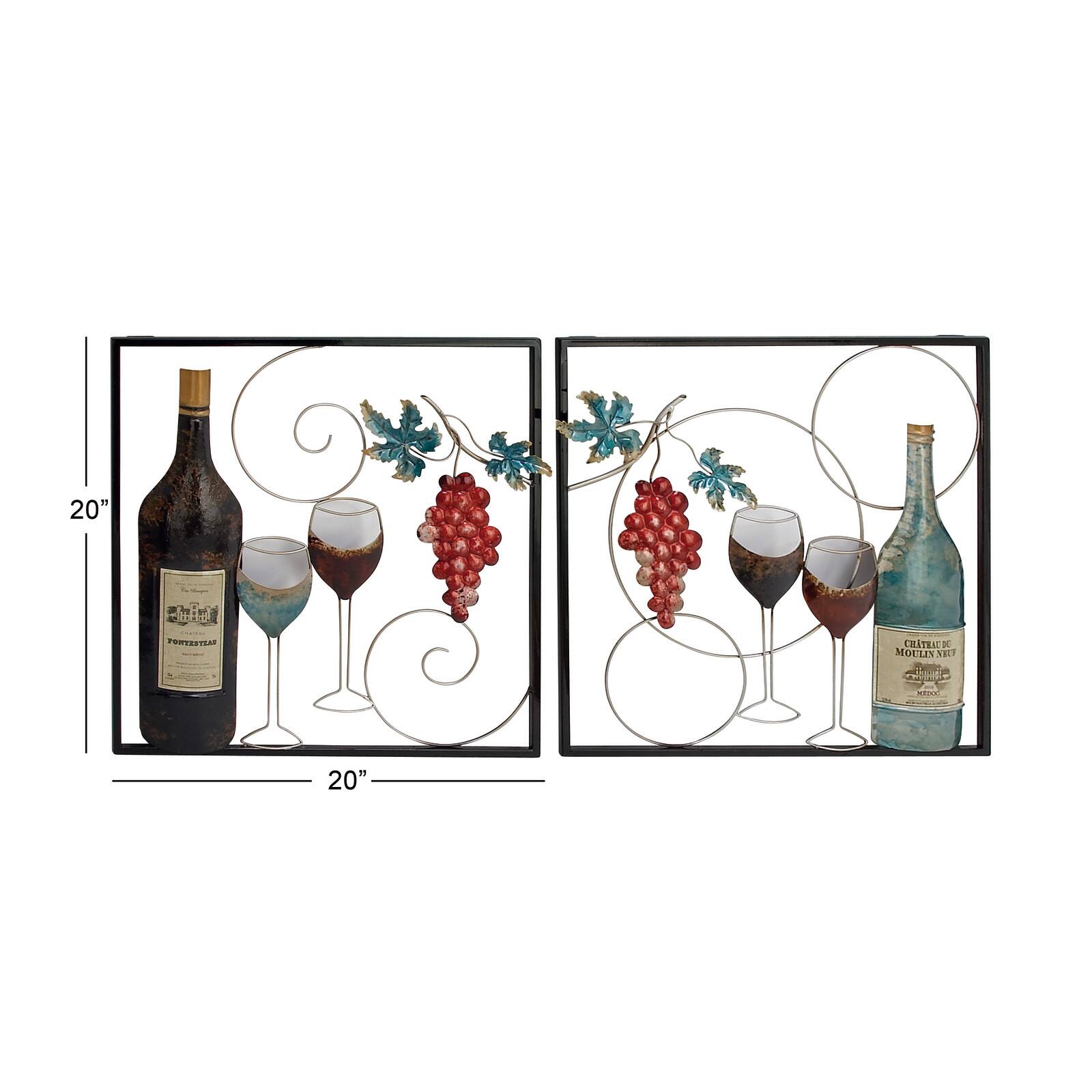 Set of 2 Multi Colored Metal Traditional Wine Wall Decor, 20" x 20"