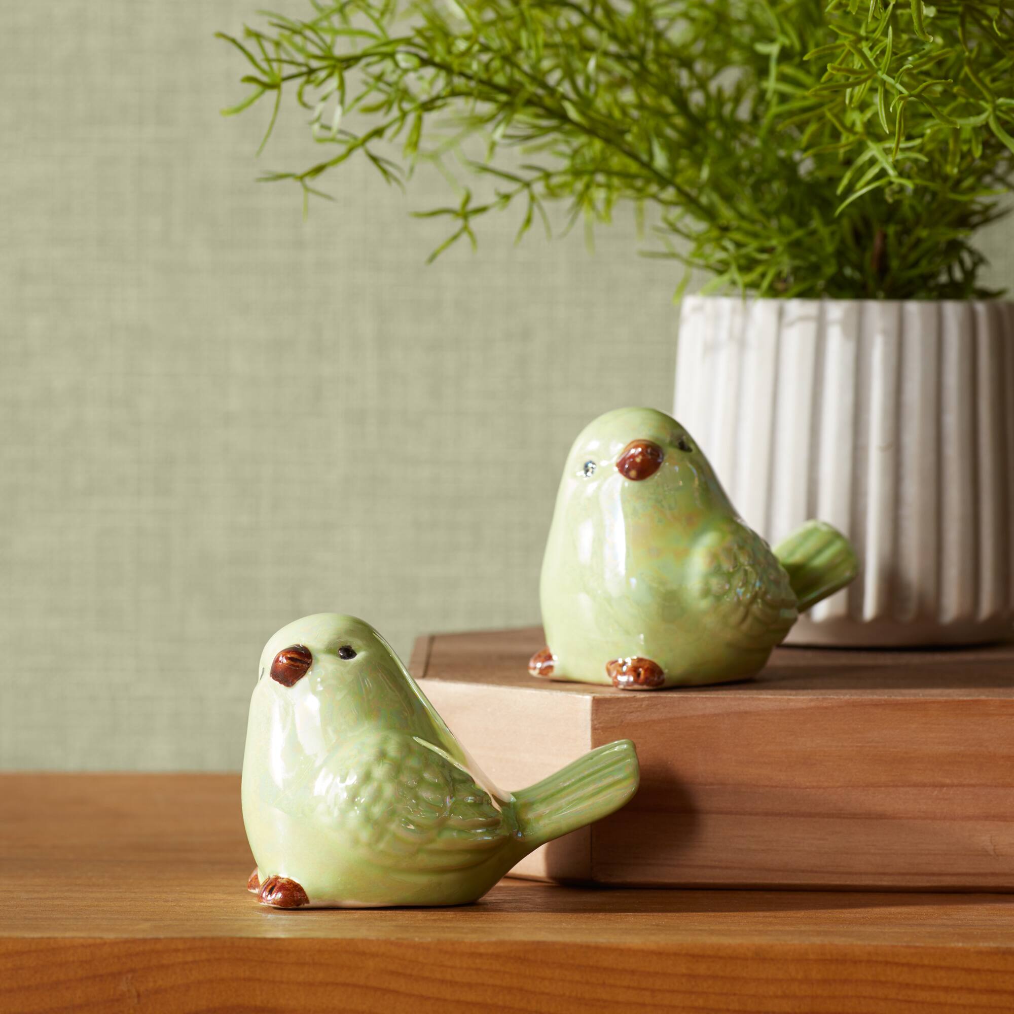 Iridescent Green Ceramic Bird Figurines Set