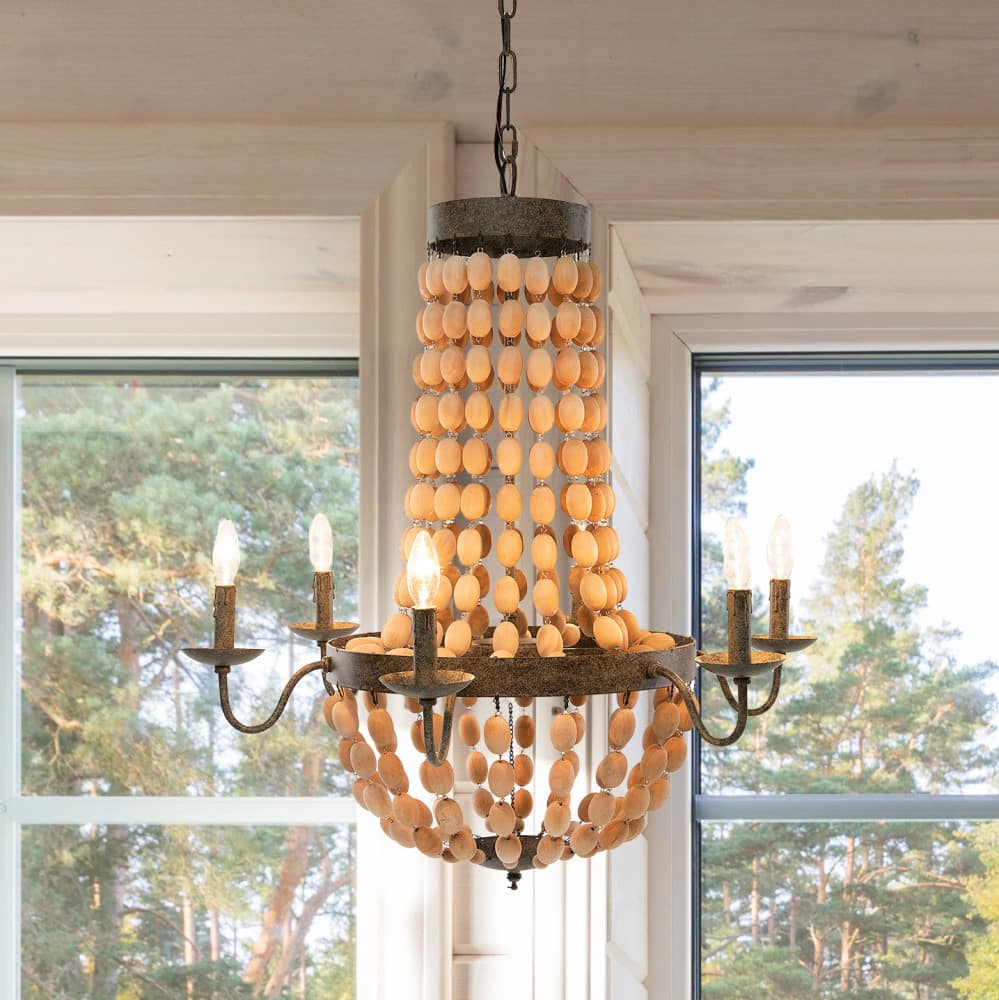 Hello Honey® 38" Brown Rustic Metal and Draped Wood Bead Chandelier