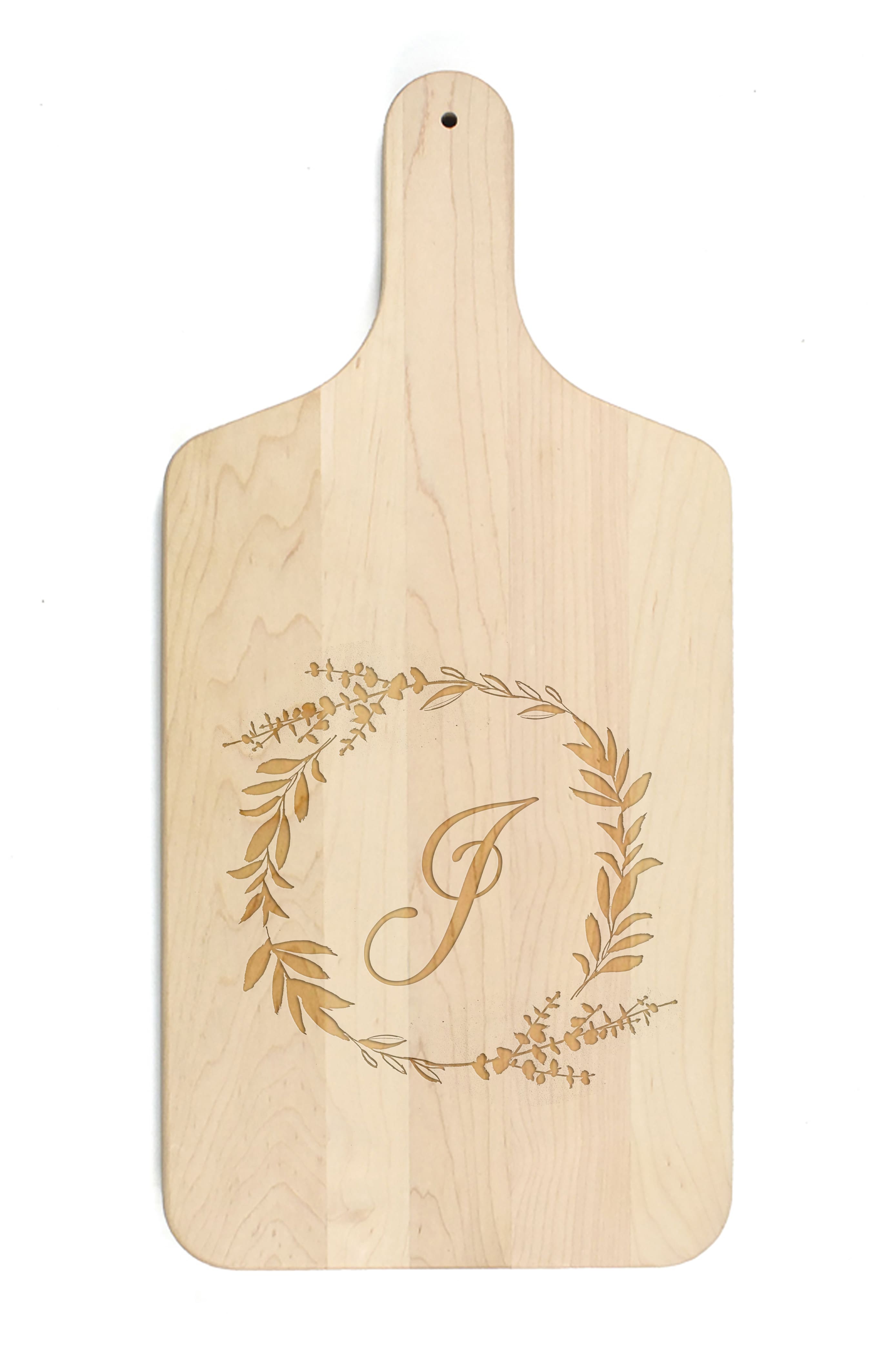 Floral Wreath Monogram Maple Paddle Cutting Board
