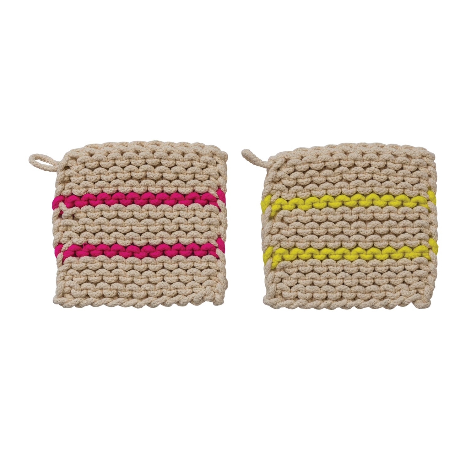 8&#x22; Neon Striped Multicolor Square Cotton Crocheted Pot Holder Set