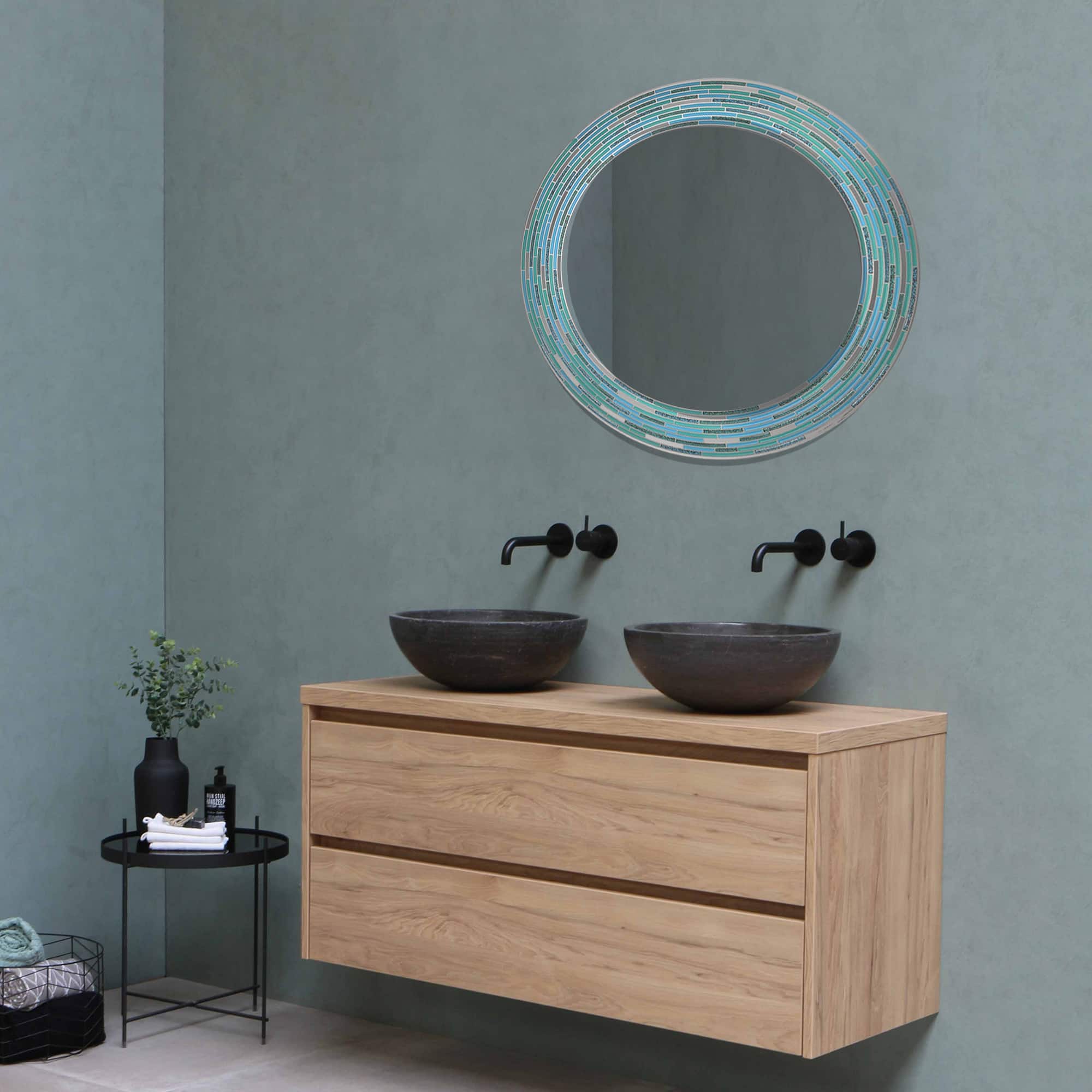 Head West Sea Glass 2 Tile Framed Round Wall Vanity Mirror - 30&#x22; x 30&#x22;