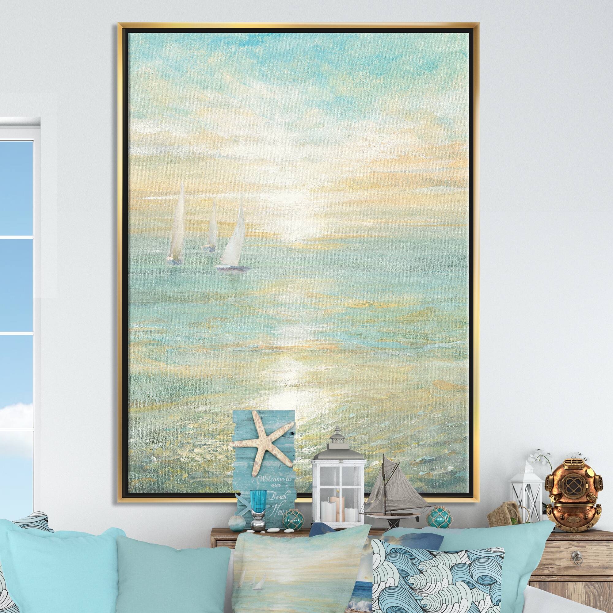 Designart - Sunrise Boat I - Nautical &#x26; Coastal Canvas in Gold Frame