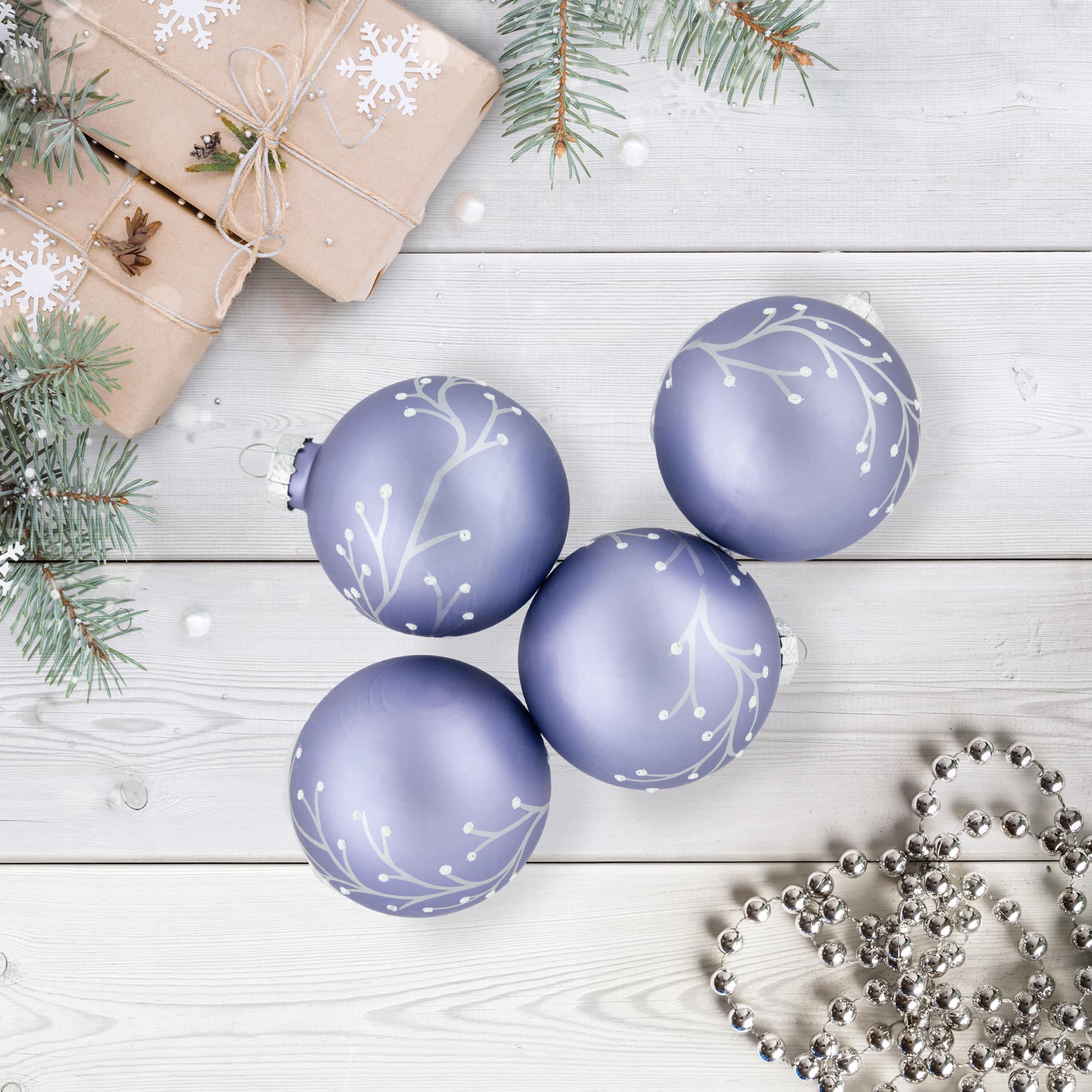 4ct. 2.5" Matte Purple Glass Ball Ornaments with Branch Design
