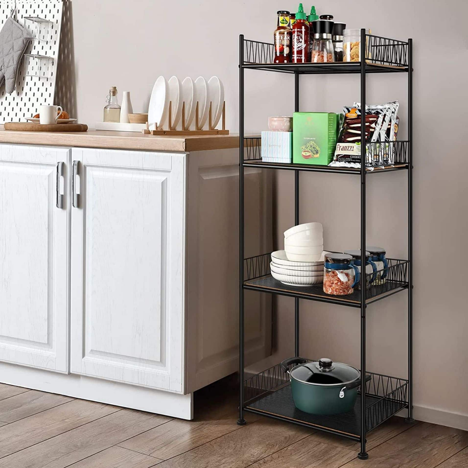 Black 4-Tier Bathroom Storage Rack Metal Shelving Unit with Wood Shelves