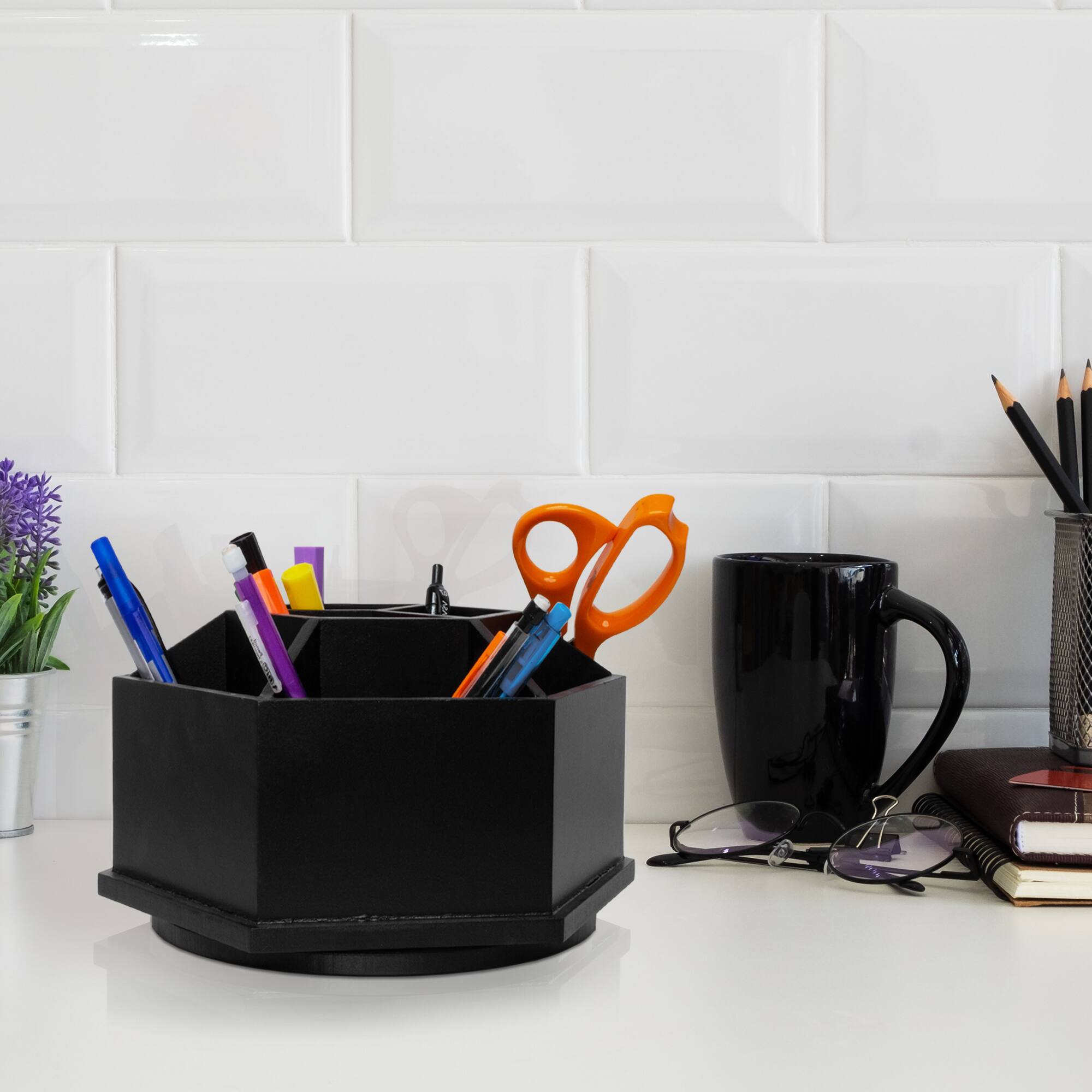 American Art D&#xE9;cor&#x2122; Black 9 Compartment Swiveling Stationary Desk Organizer