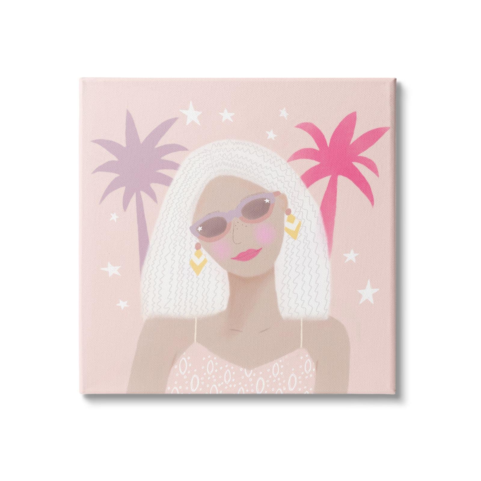 Stupell Industries Tropical Girl Fashionista Pink Palm Trees Starry Sky Canvas Wall Art