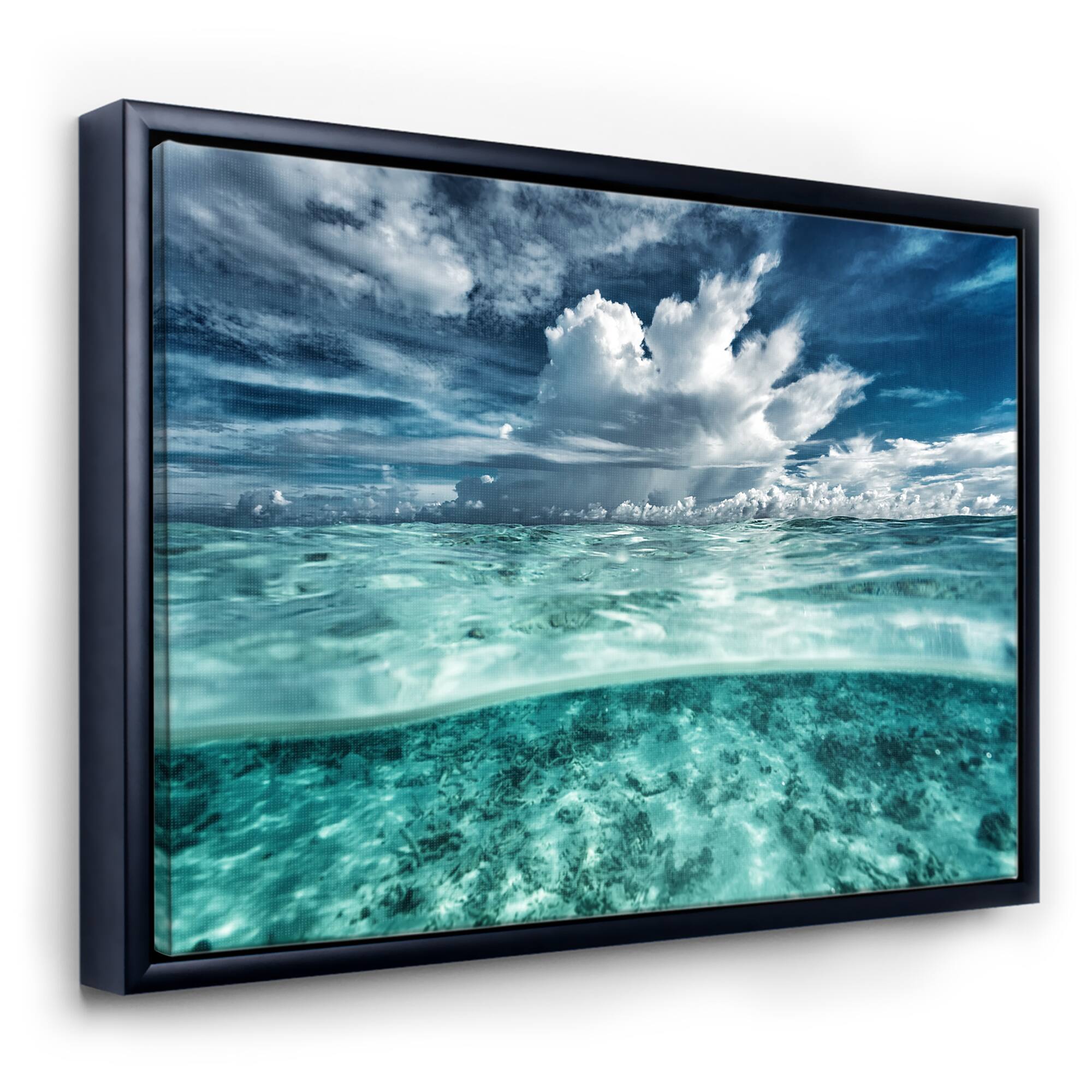 Designart - Amazing Underwater Seascape And Clouds - Nautical &#x26; Coastal Canvas Wall Art Print in Black Frame