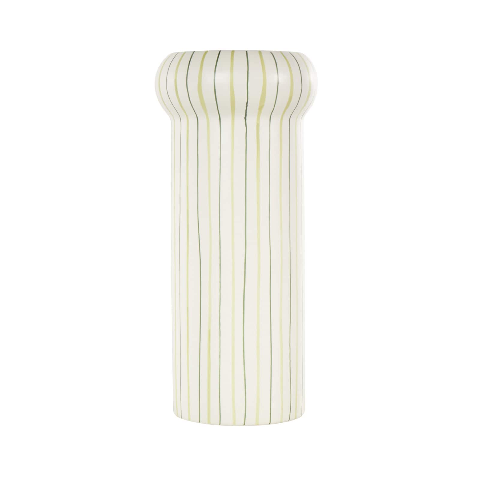 12" White & Green Linear Patterns Round Decorative Ceramic Vase