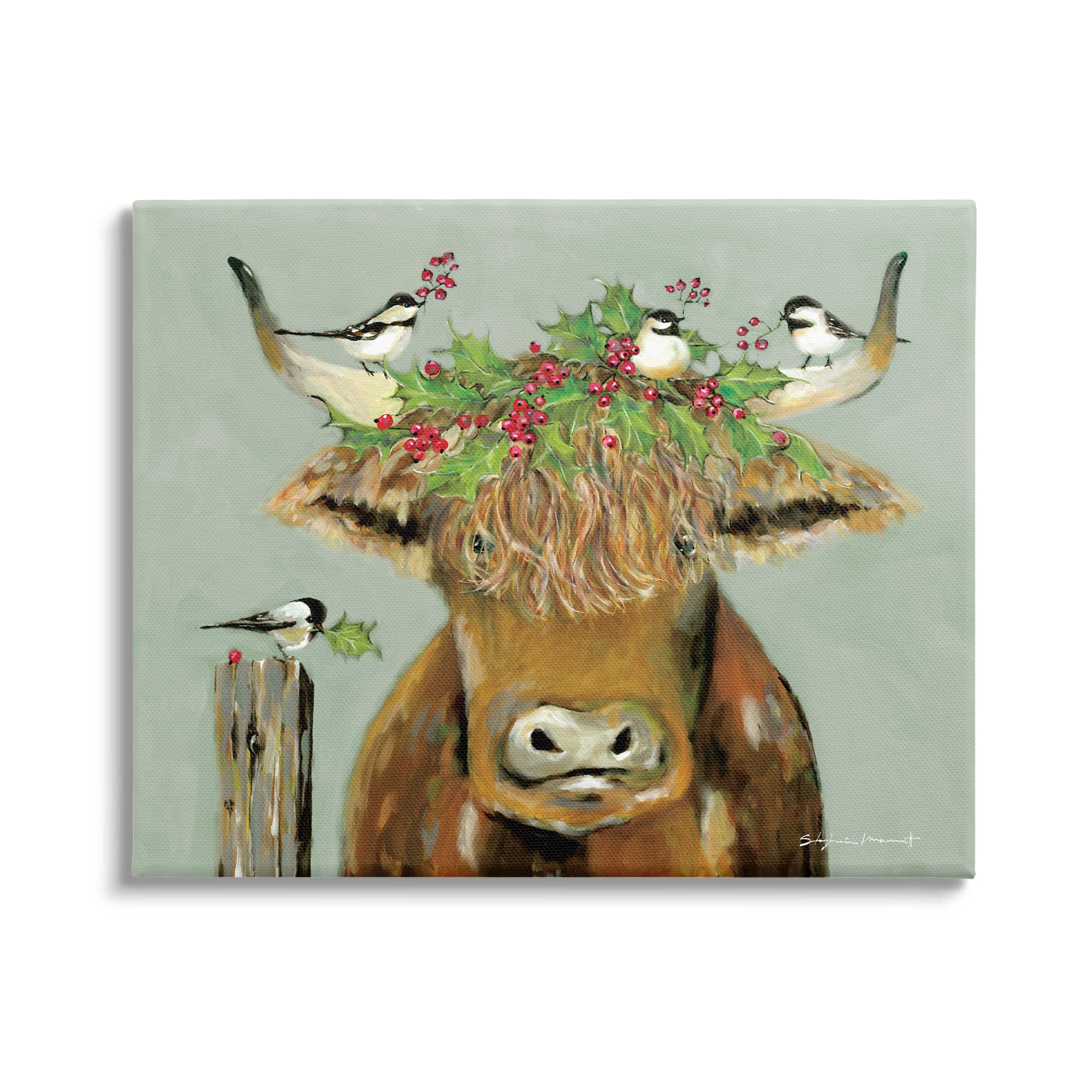 Stupell Industries Cattle & Birds Holiday Holly Canvas Wall Art