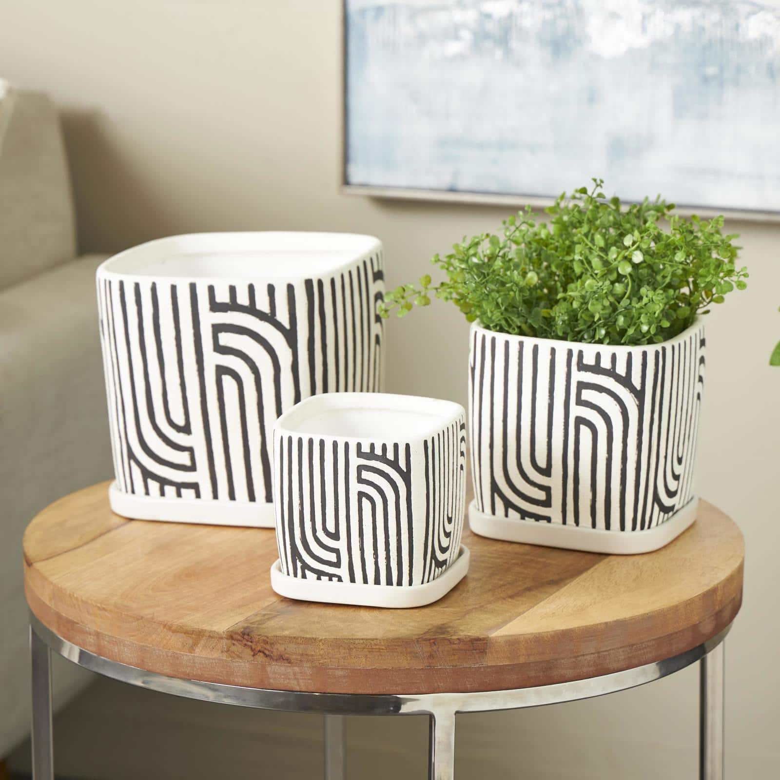 Black Geometric Linear Arch Pattern Ceramic Planter Set