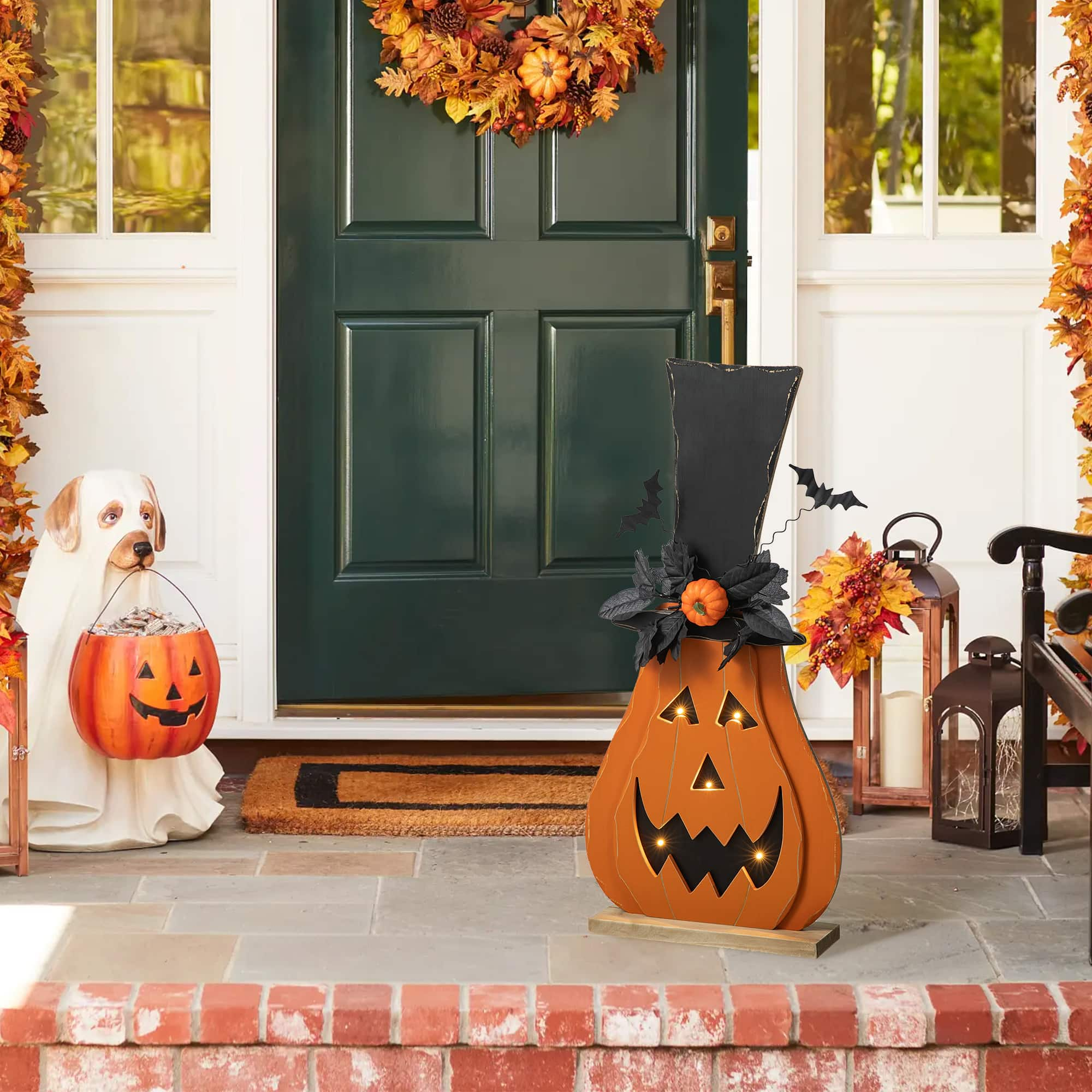 Glitzhome&#xAE; 30&#x22; Halloween Lighted Wood Floral Jack-O&#x27;-Lantern Porch D&#xE9;cor with Timer