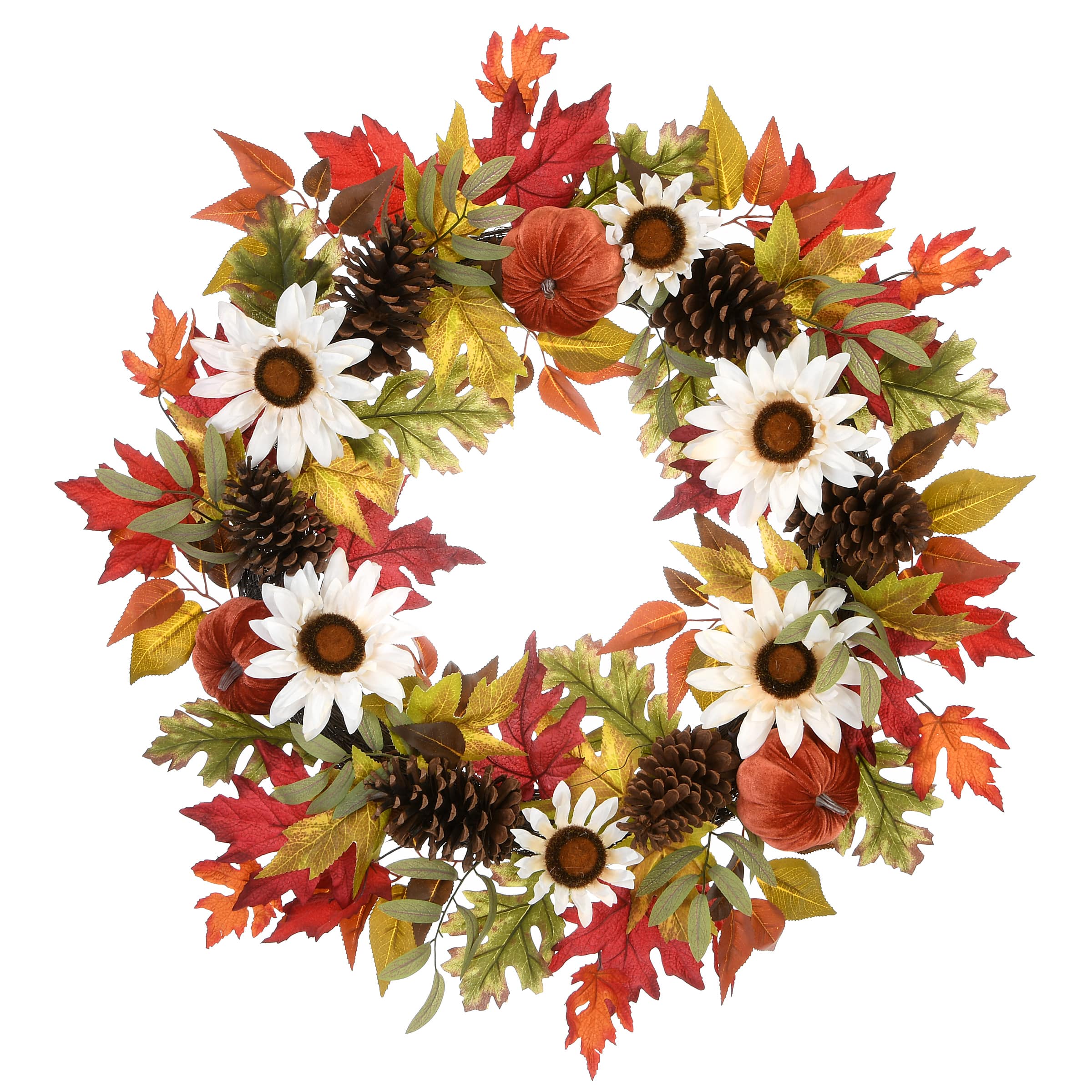 32" White Harvest Sunflowers & Pumpkins Wreath