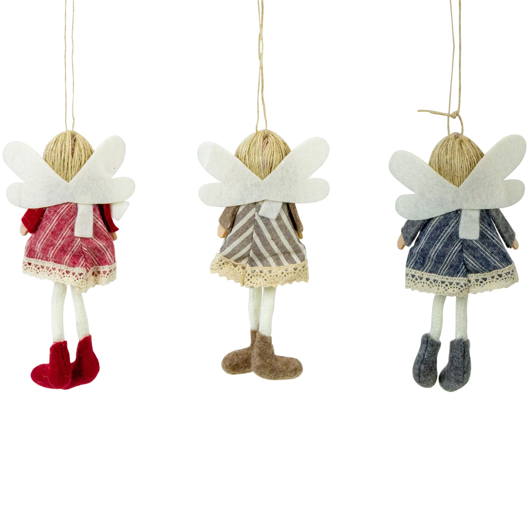 Angel Doll with Wings Christmas Ornaments - 6" - Red Brown and Blue - Set of 3