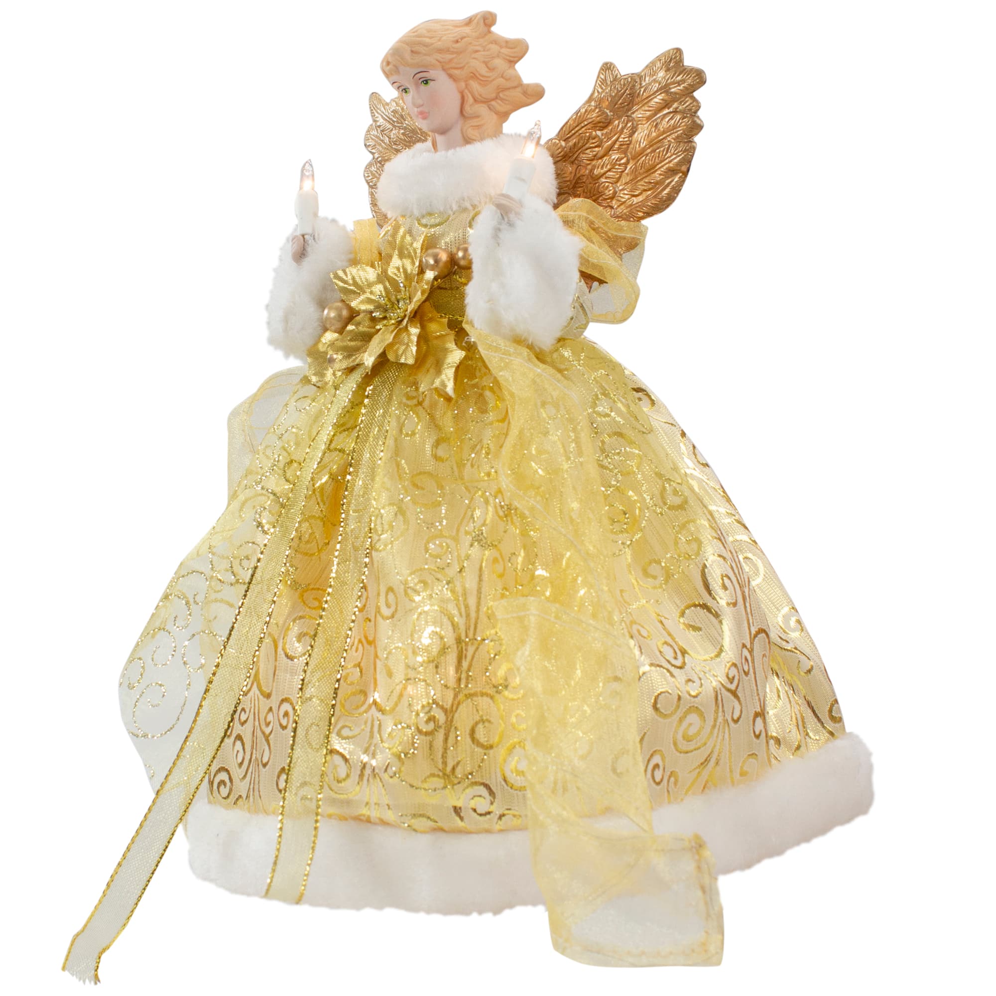 12&#x22; Lighted Gold Angel with Wings Christmas Tree Topper, Clear Lights