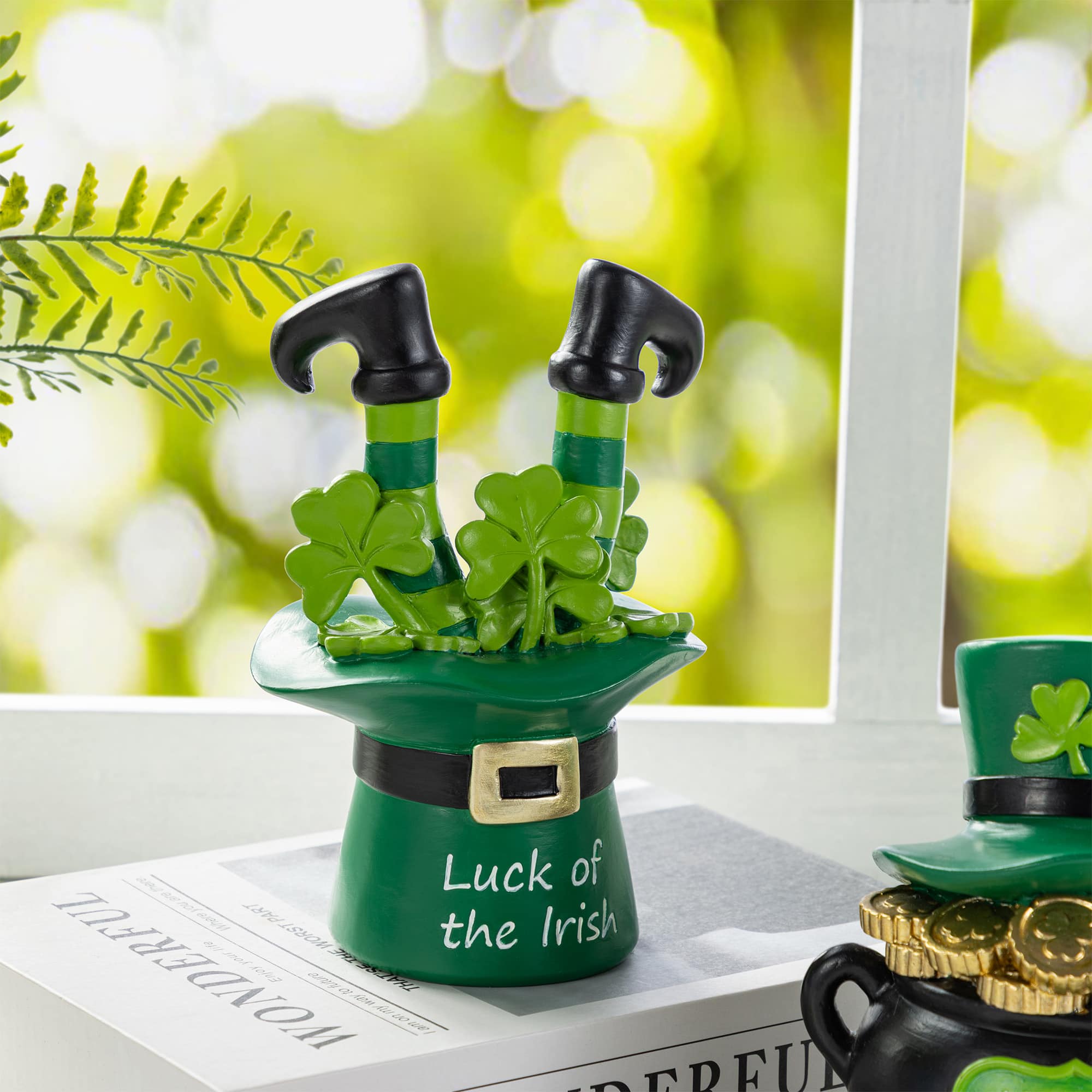 Glitzhome® Set of 2 St. Patrick's Resin Pot of Gold & Leprechaun Hat Table Decor