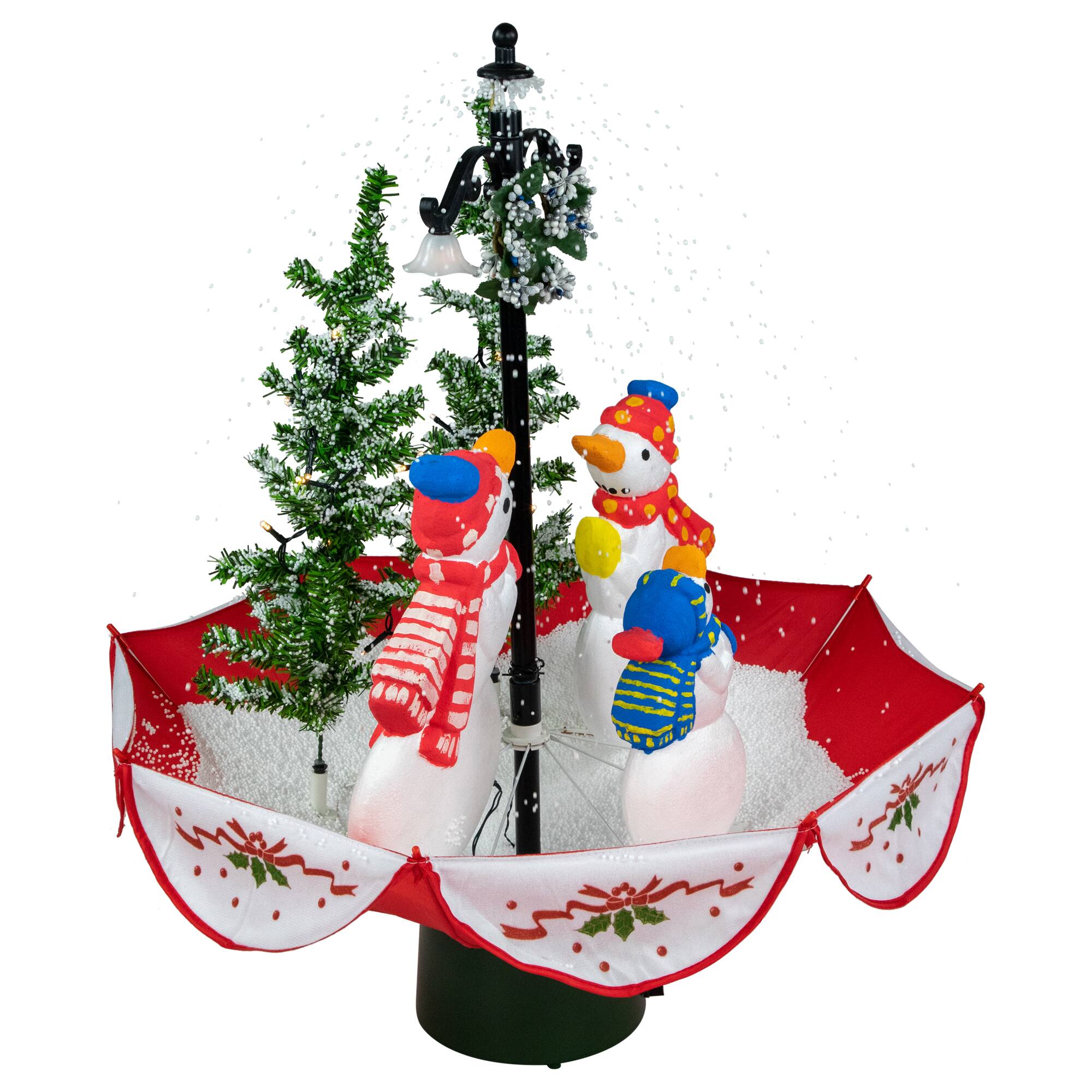 30" Musical Lighted Snowing Snowman Family in Umbrella Base Christmas Decoration