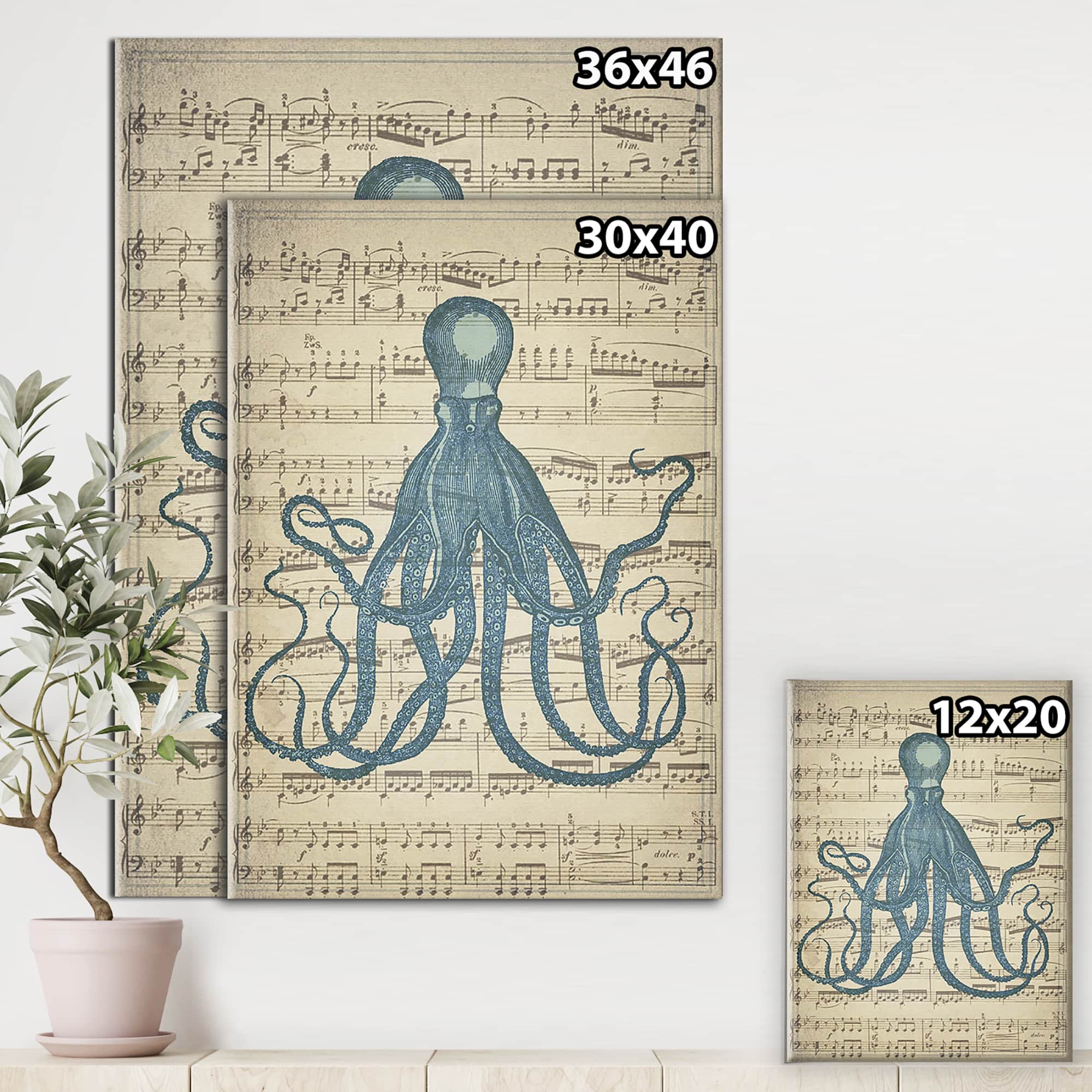 Designart - Octopus Music Score II - Nautical &#x26; Coastal Premium Canvas Wall Art