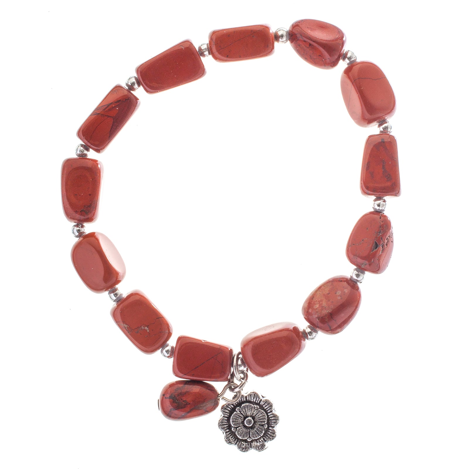 John Bead Red Jasper Stretch Bracelet with Flower Charm