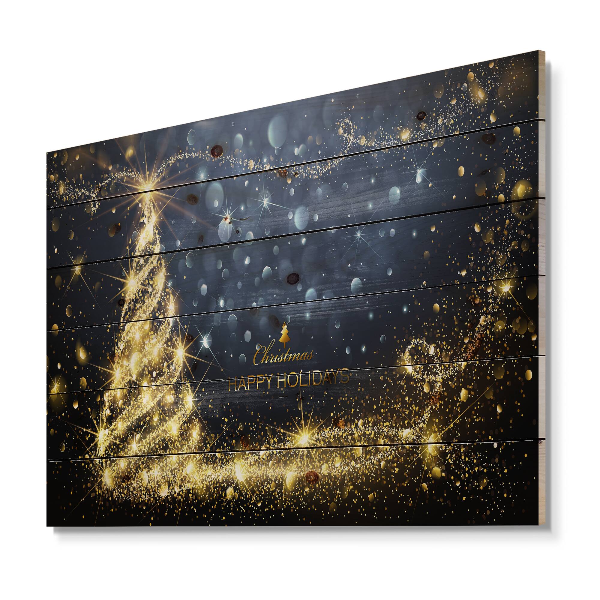 Designart - Sparkling Shining Light Christmas Tree - Print on Natural Pine Wood