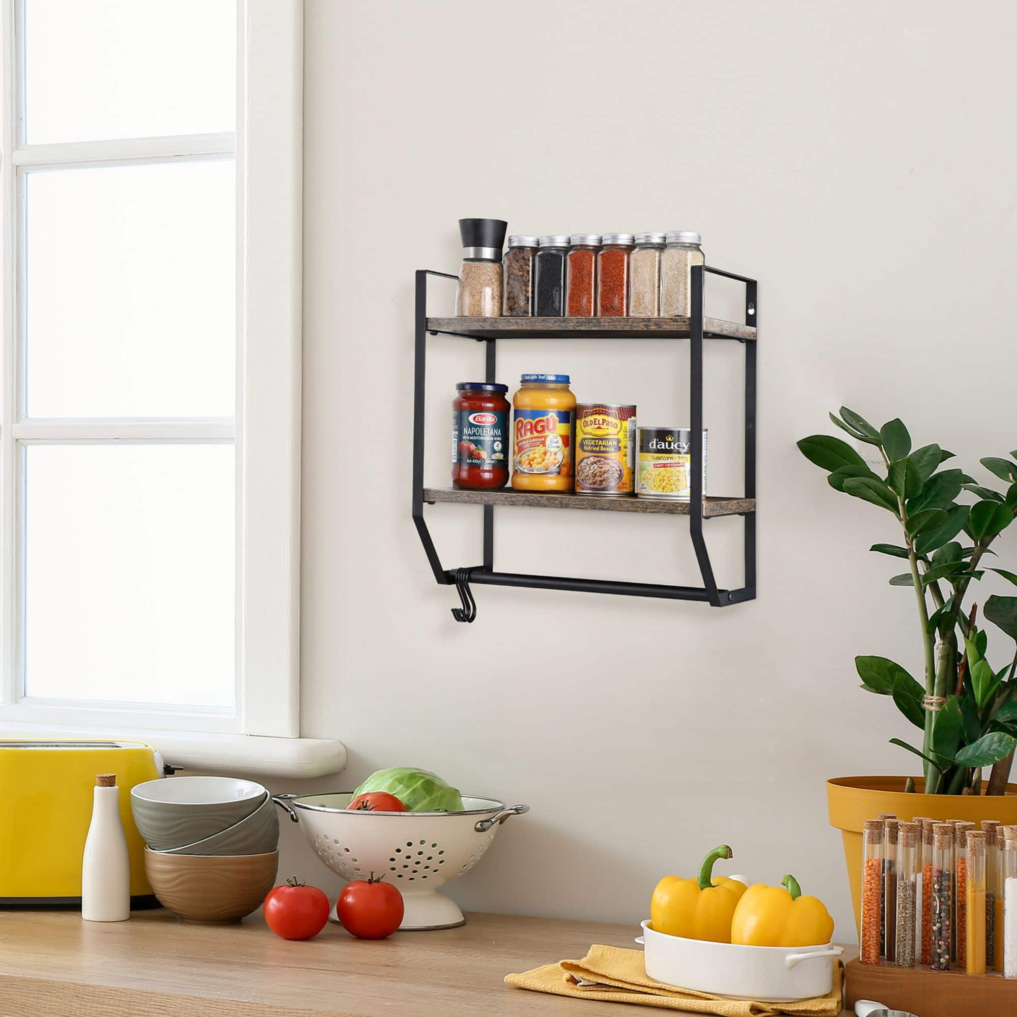 2-Layer Wall Mounted Rustic Shelves with Iron Towel Bar