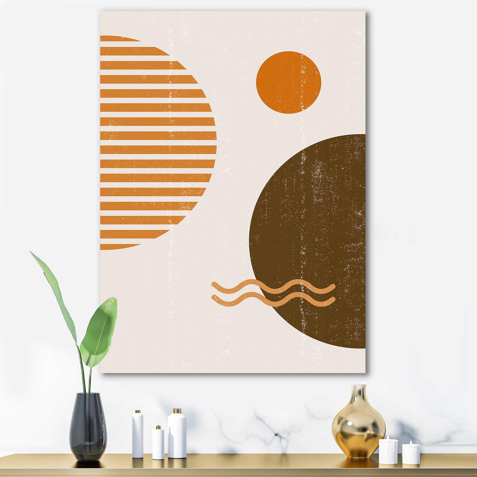 Designart - Abstract Minimal Sun and Moon In Earth Tones III - Modern Canvas Wall Art Print