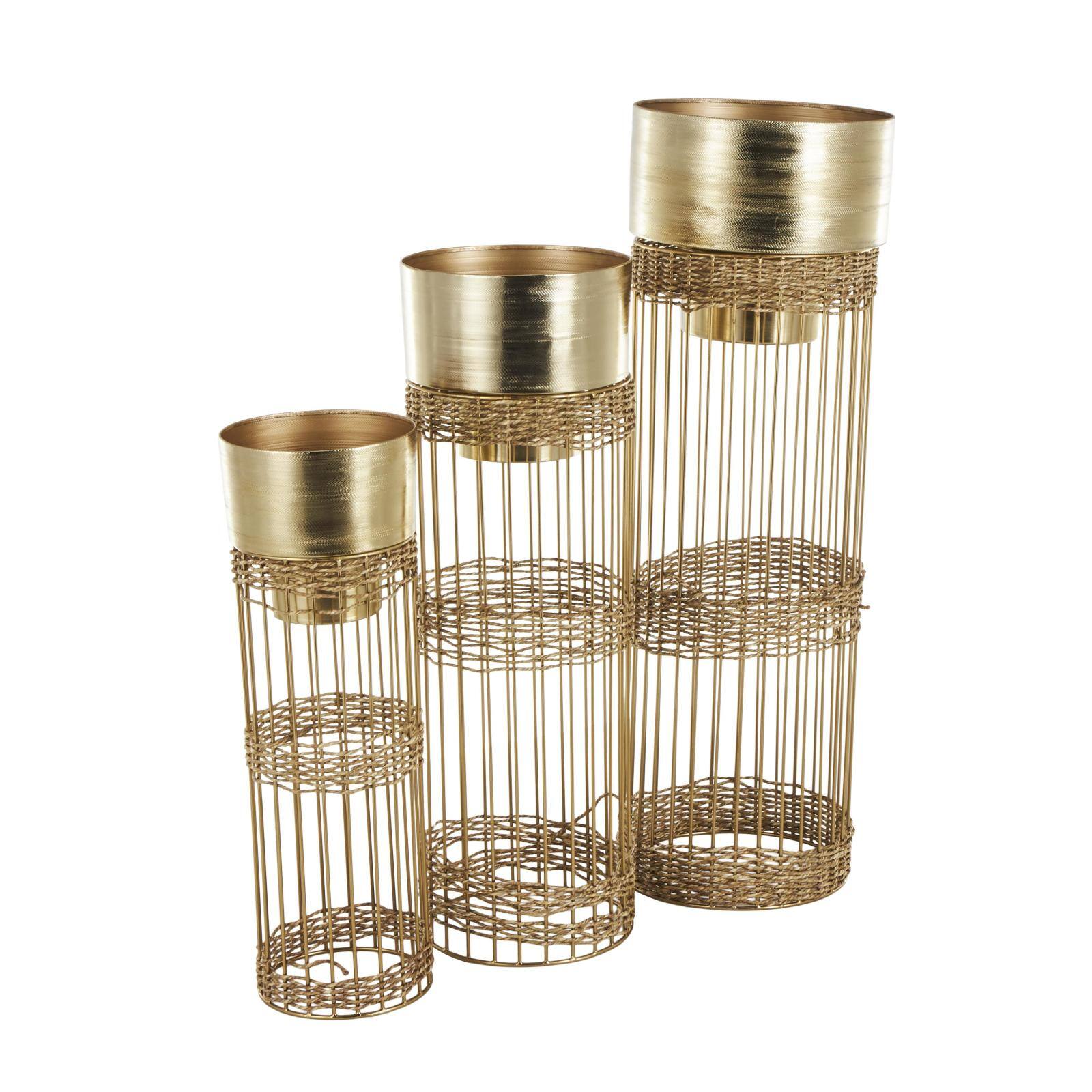 Gold Metal Textured Cylindrical Dome Planter &#x26; Pedestal Base Set
