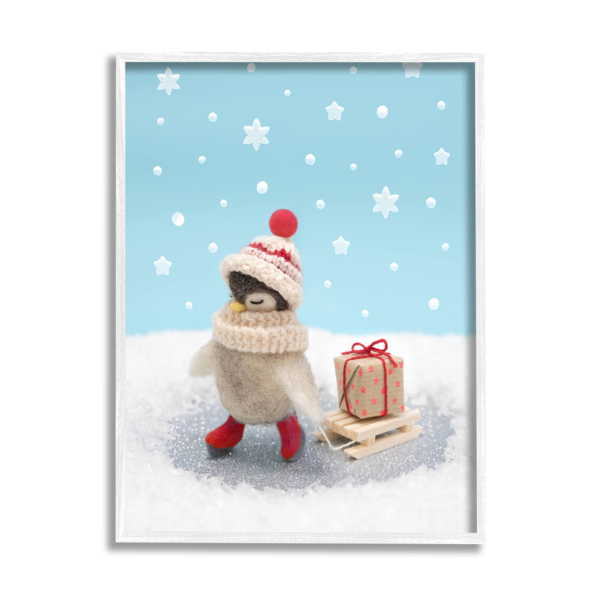 Stupell Industries Penguin Christmas Present Sled Framed Giclee Art