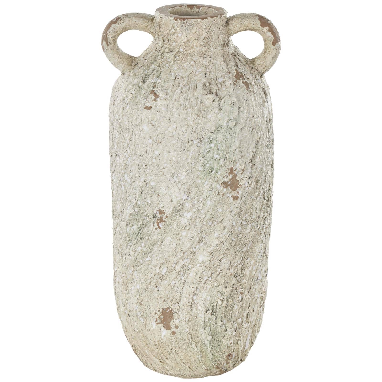 15.5" Cream Magnesium Oxide Antique Textured Amphora Decorative Vase with 2 Small Handles