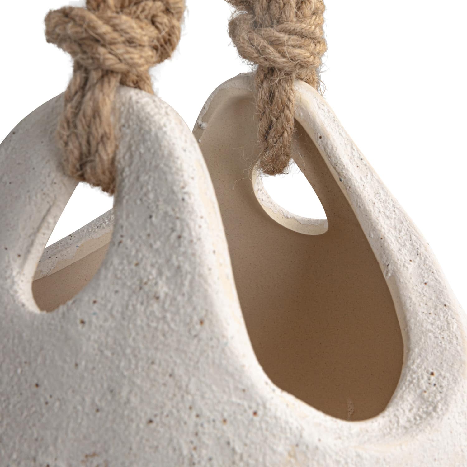 Hello Honey® 9.5" White Distressed Volcano Finish Hanging Stoneware Planter with Jute Rope Hanger