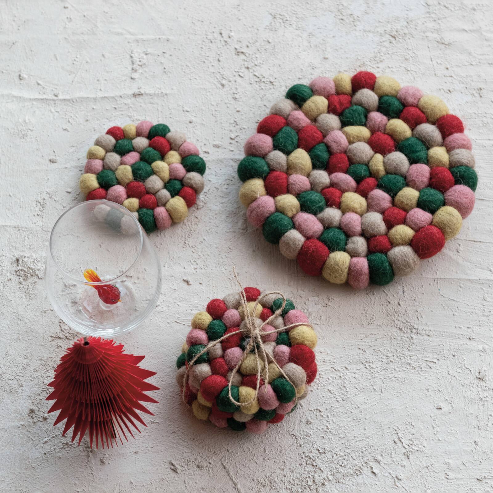 7.5" Multicolor Handmade Wool Felt Ball Round Trivet