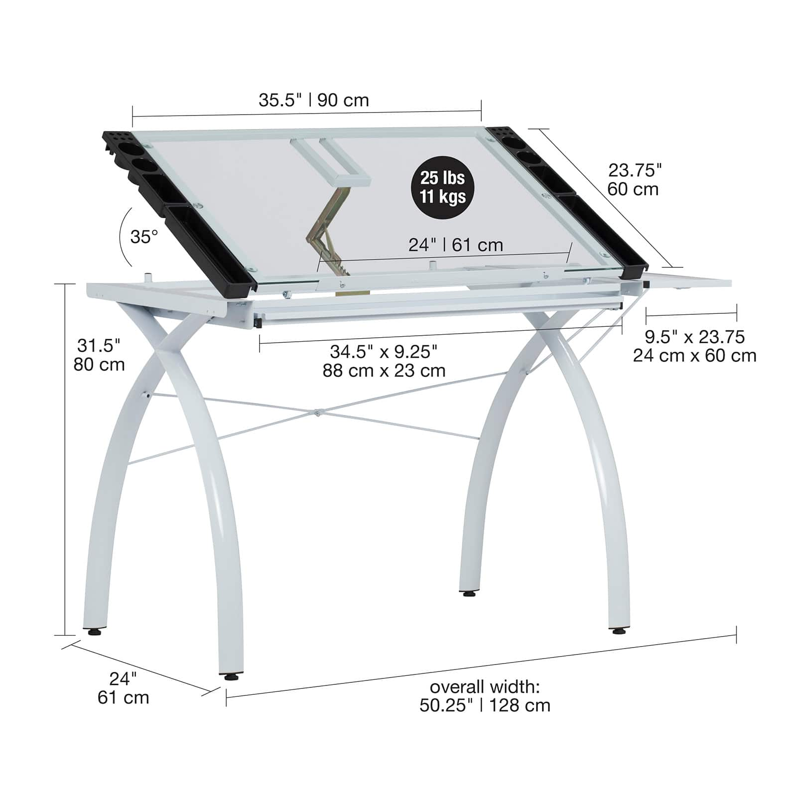 Studio Designs Futura Glass Top Craft Station with Folding Shelf in White