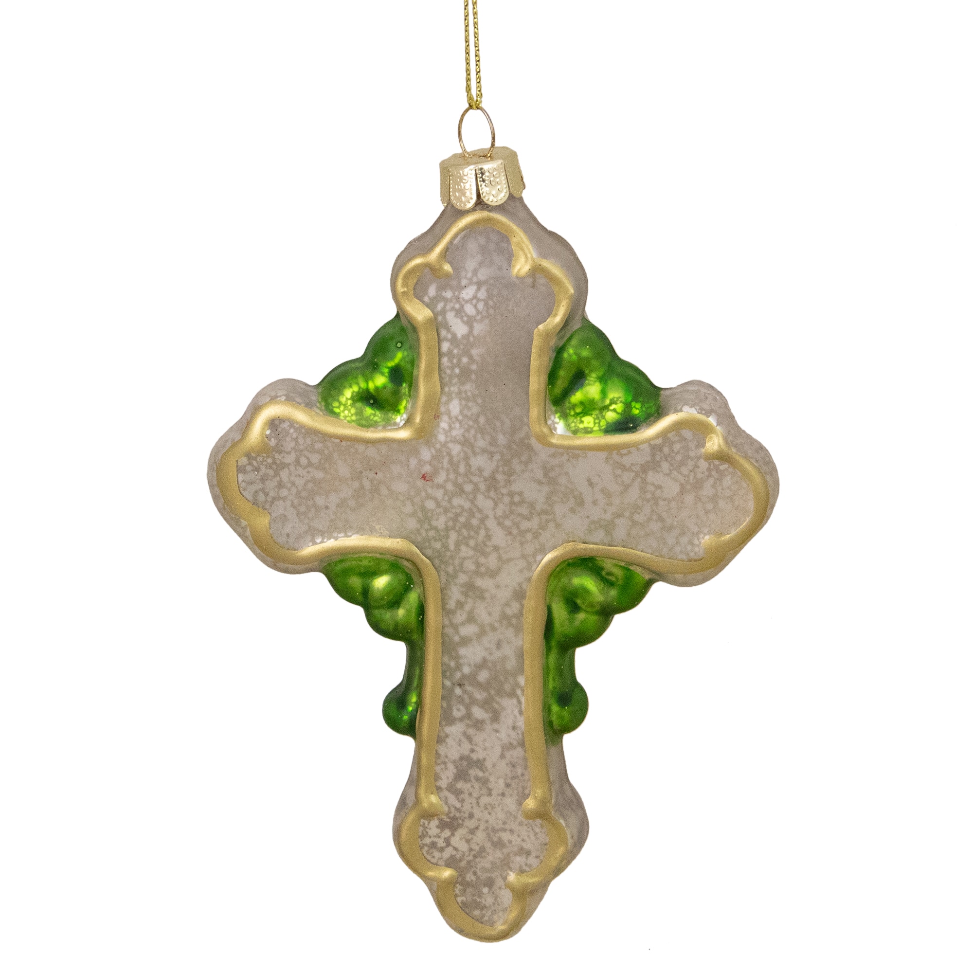 5&#x22; Luck of the Irish Green &#x26; White Mercury Glass Cross Christmas Ornament
