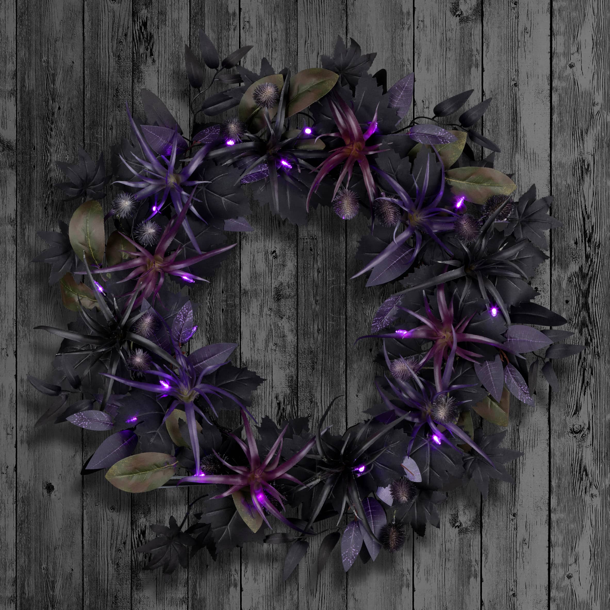 24" Scare in the Air Purple & Black Flower Halloween Pre-Lit LED Wreath