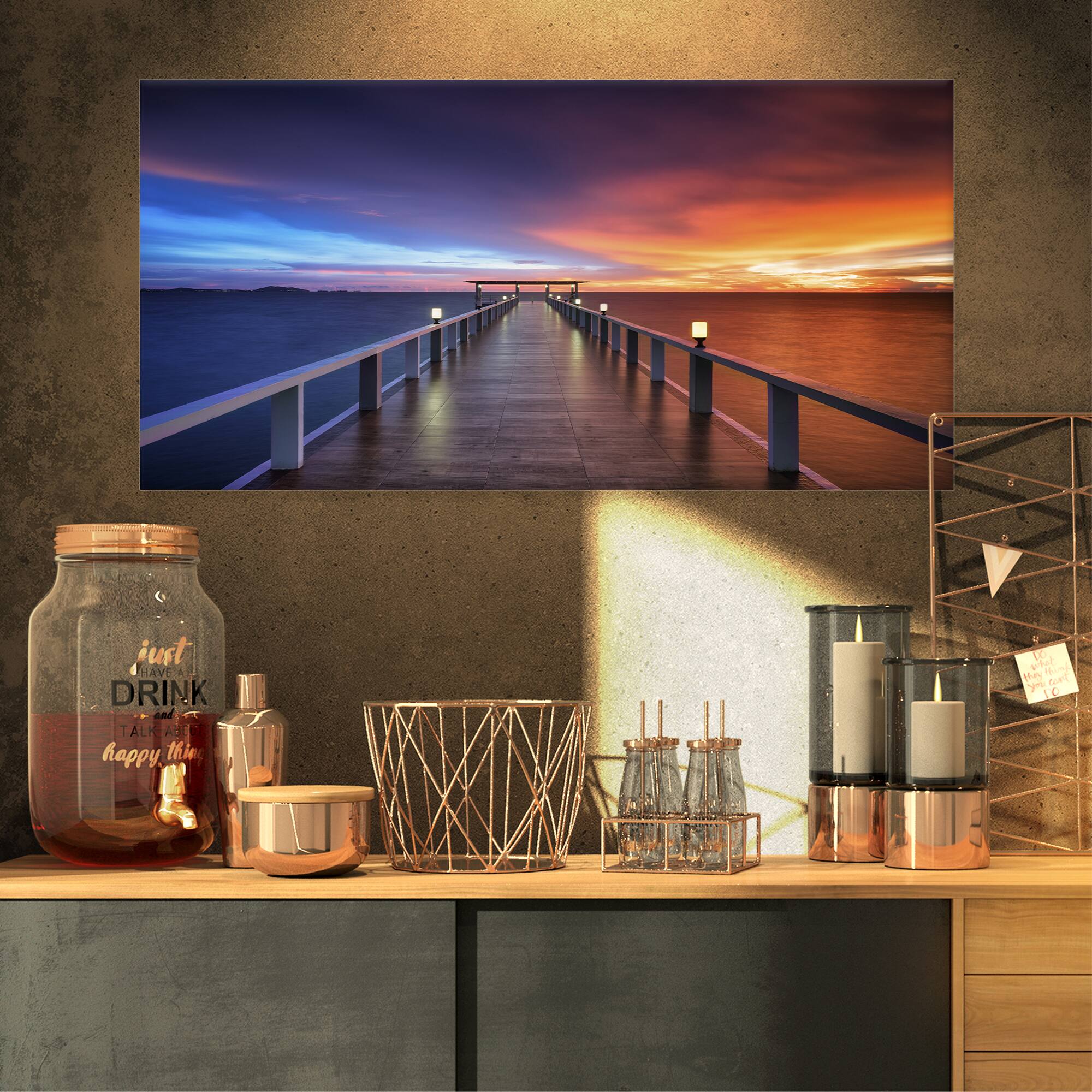 Designart - Picturesque Seashore with Long Pier - Pier Seascape Canvas Art Print