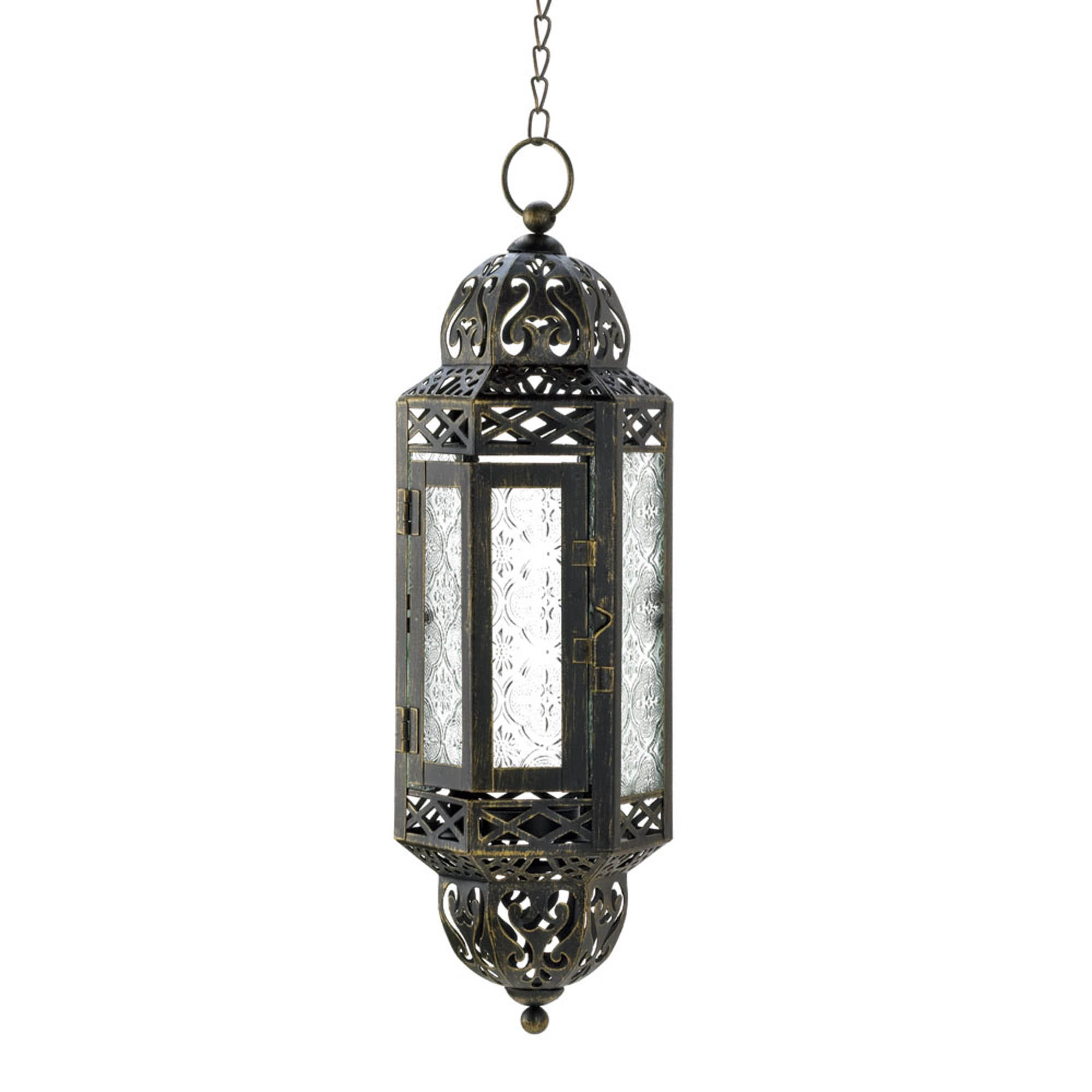 13&#x22; Antique Victorian Black Filigree Embellished Hanging Candle Lantern
