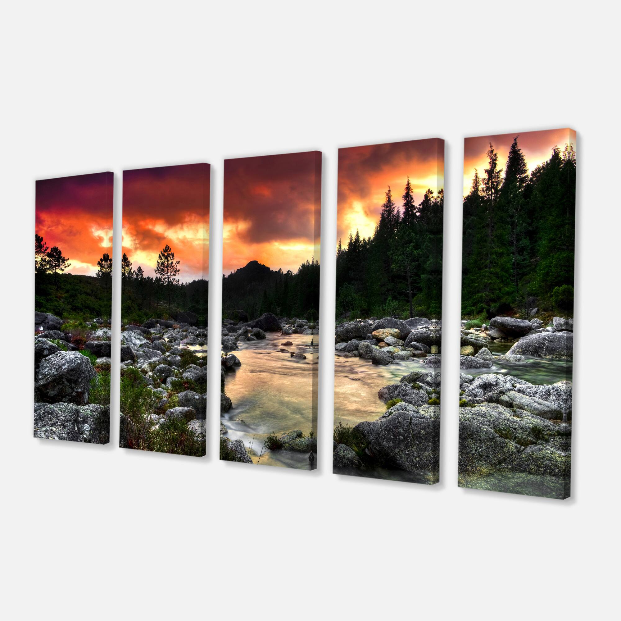 Designart - Rocky Mountain River at Sunset - Extra Large Wall Art Landscape