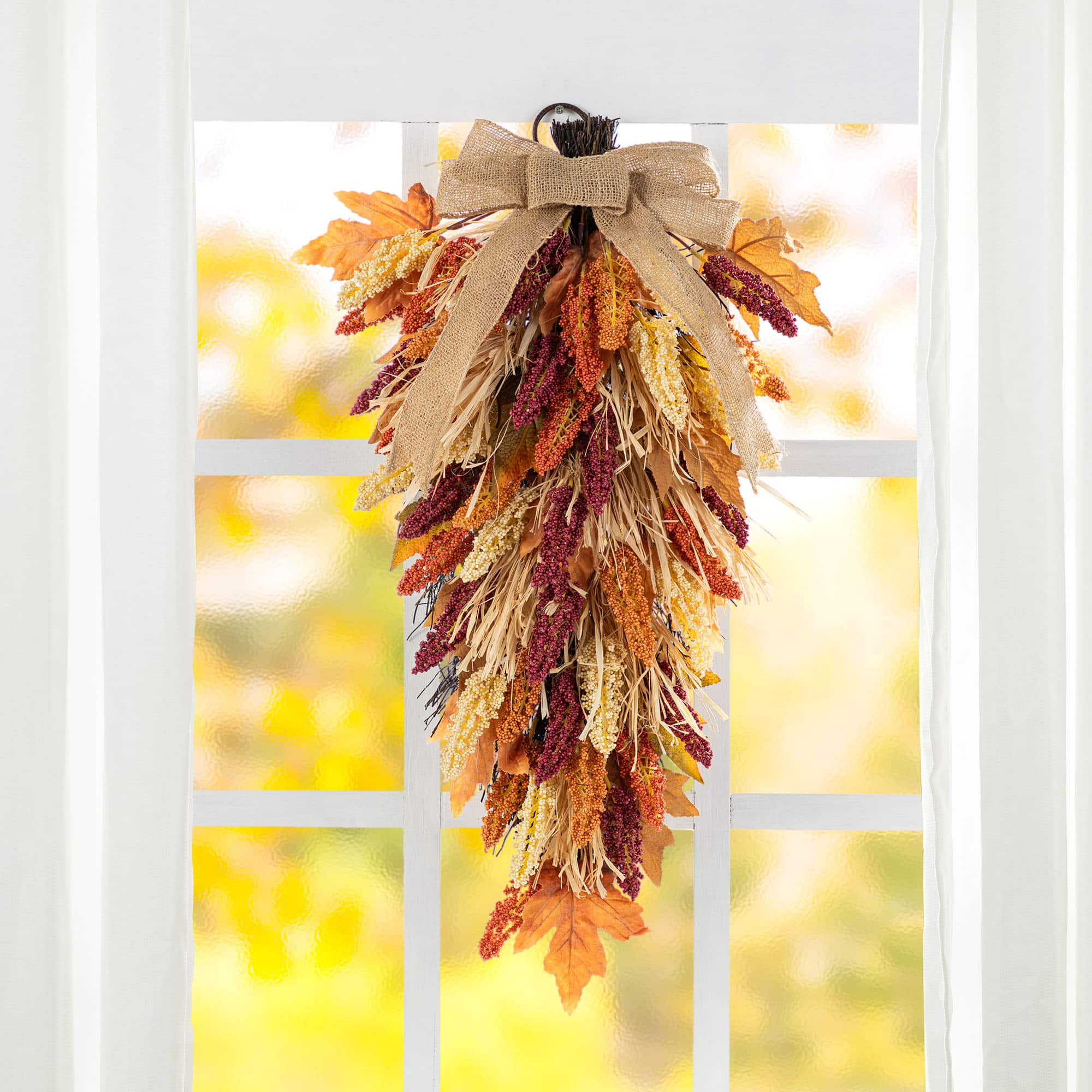 Glitzhome&#xAE; 28&#x22; Fall Sorghum Swag Includes a Black Metal Wreath Hanger