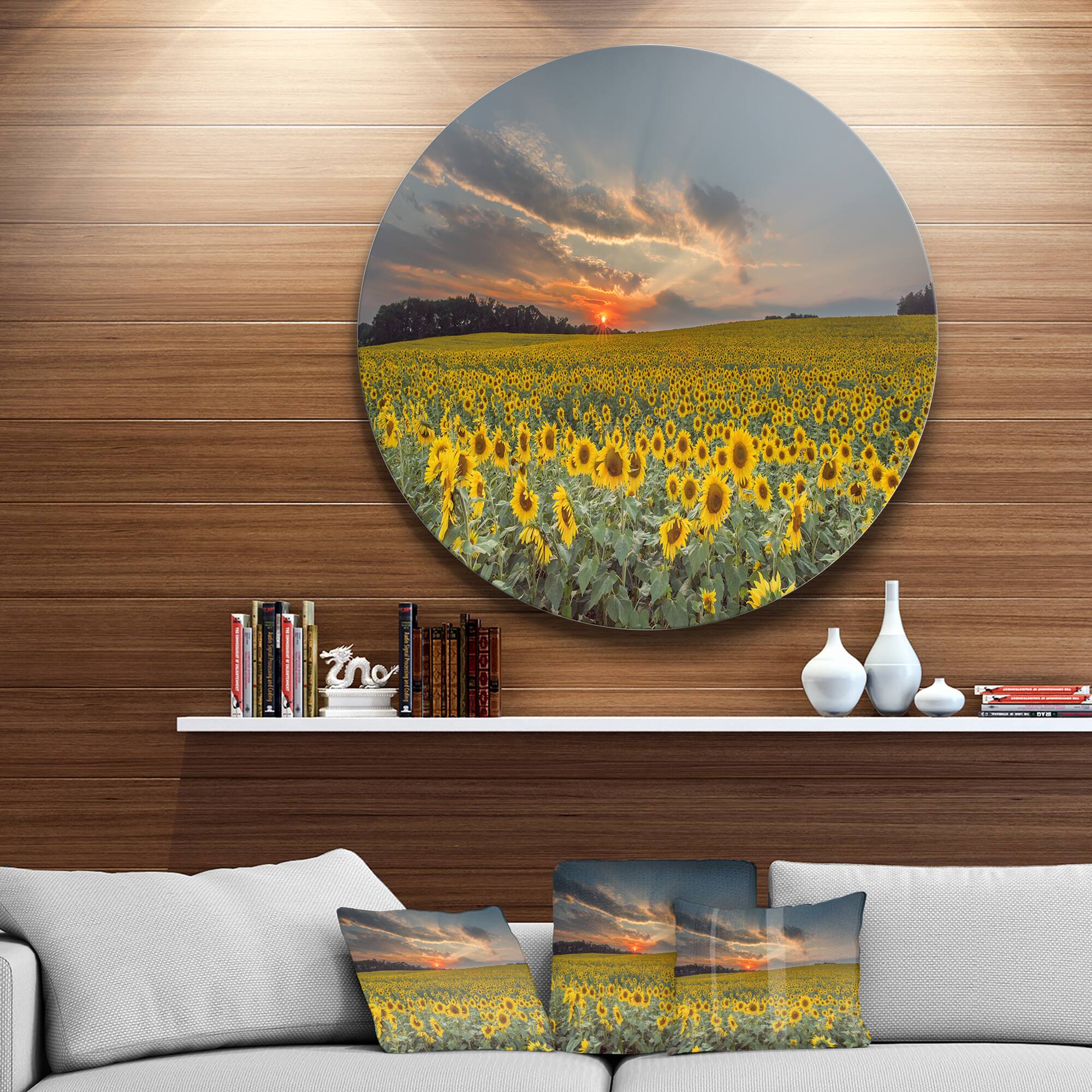 Designart - Sunflower Sunset with Cloudy Sky&#x27; Disc Large Landscape Metal Circle Wall Art