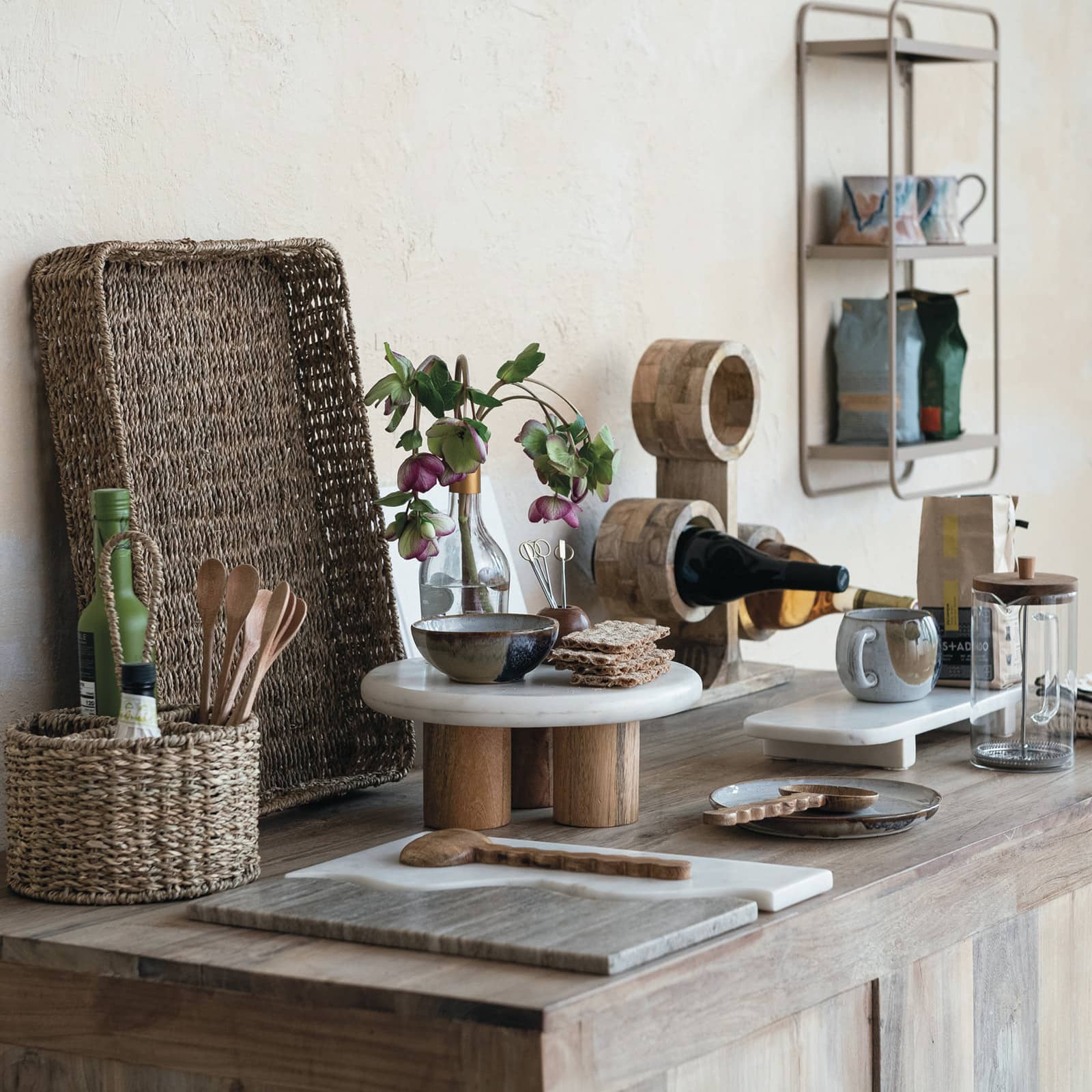 Hello Honey® 15" White Round Elevated Marble & Wood Food Pedestal