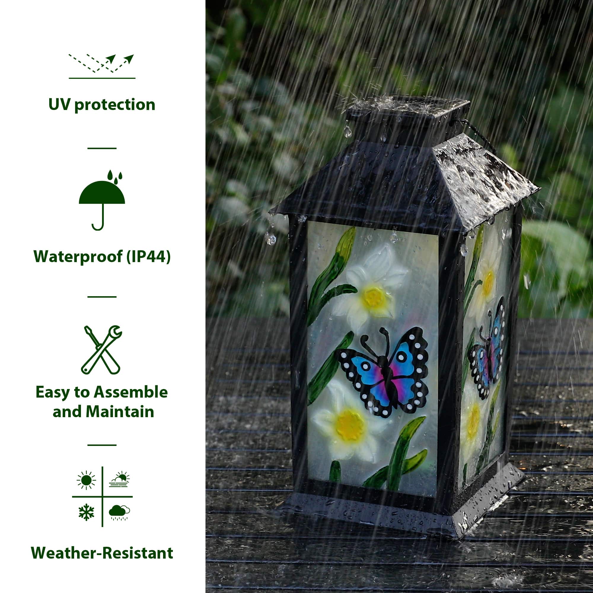Glitzhome® 11" Glass with Butterfly & Flower Pattern Solar Powered Hanging Lantern