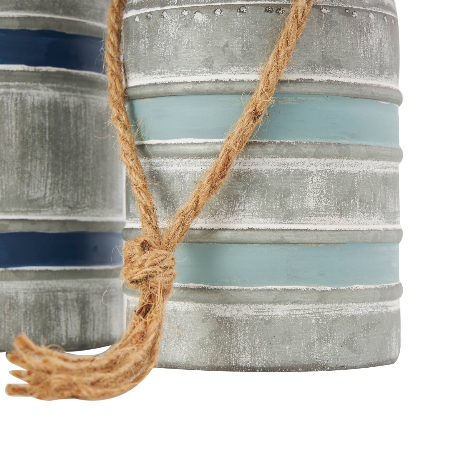 Gray Metal Buoy Striped Sculpture with Rope Handles Set
