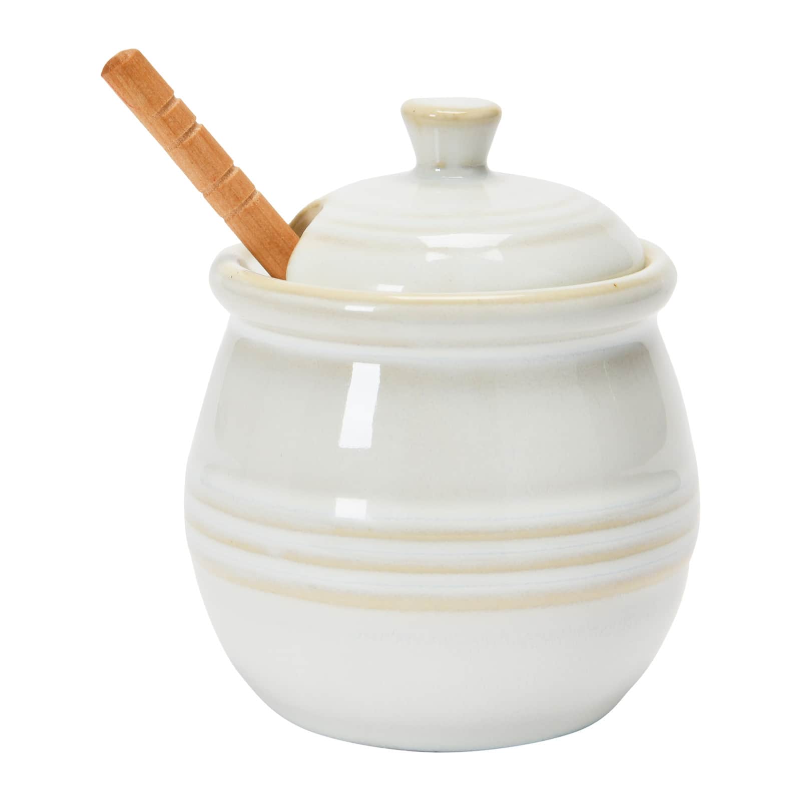 Hello Honey&#xAE; 3.5&#x22; White Ceramic Honey Bee Pot &#x26; Wood Dipper
