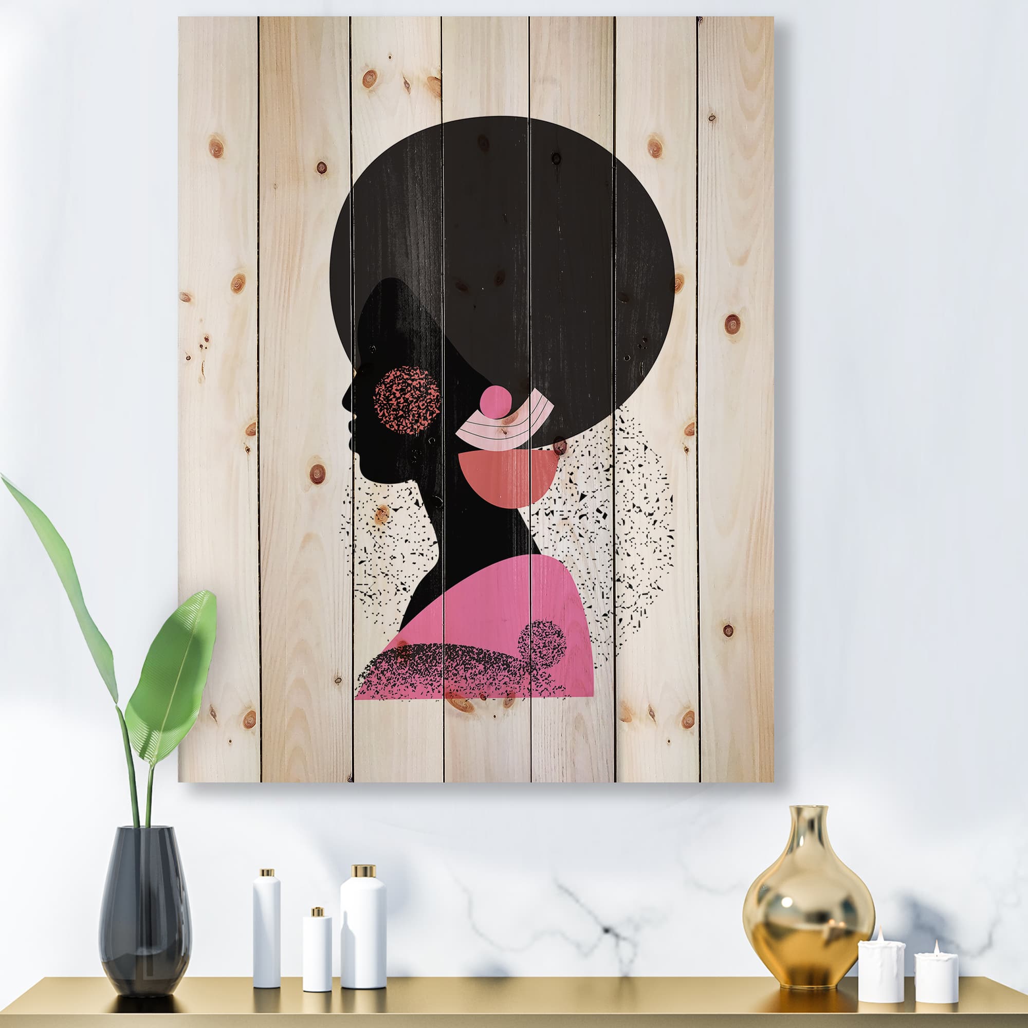 Designart - Ethnic Geometric Silhouette of Afro American I - Modern Print on Natural Pine Wood